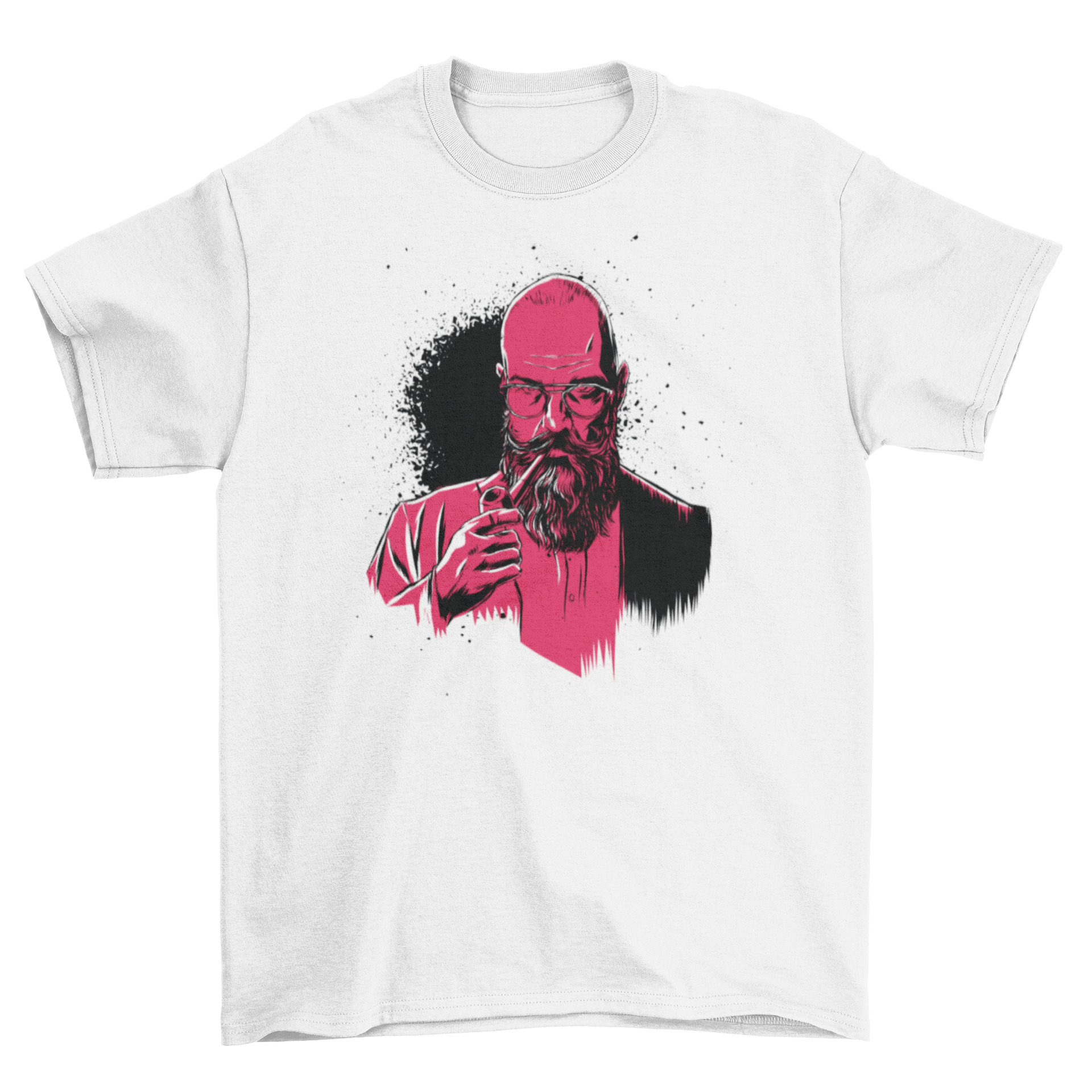 A stylish Pipe Beard Man T-shirt featuring a detailed illustration of a bald man with a long beard, glasses, and a pipe.