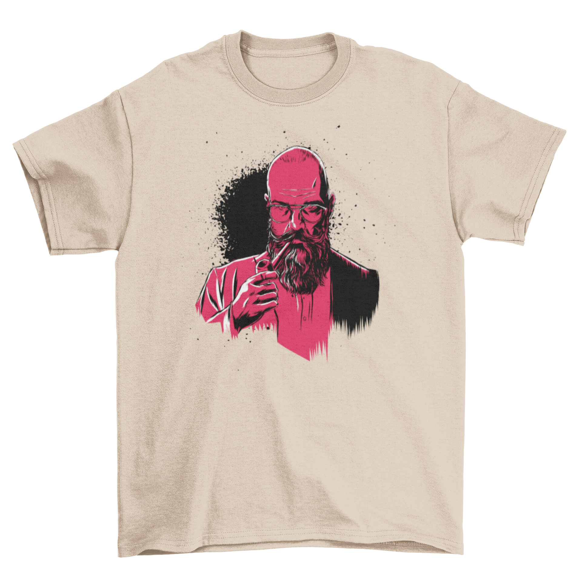 A stylish Pipe Beard Man T-shirt featuring a detailed illustration of a bald man with a long beard, glasses, and a pipe.