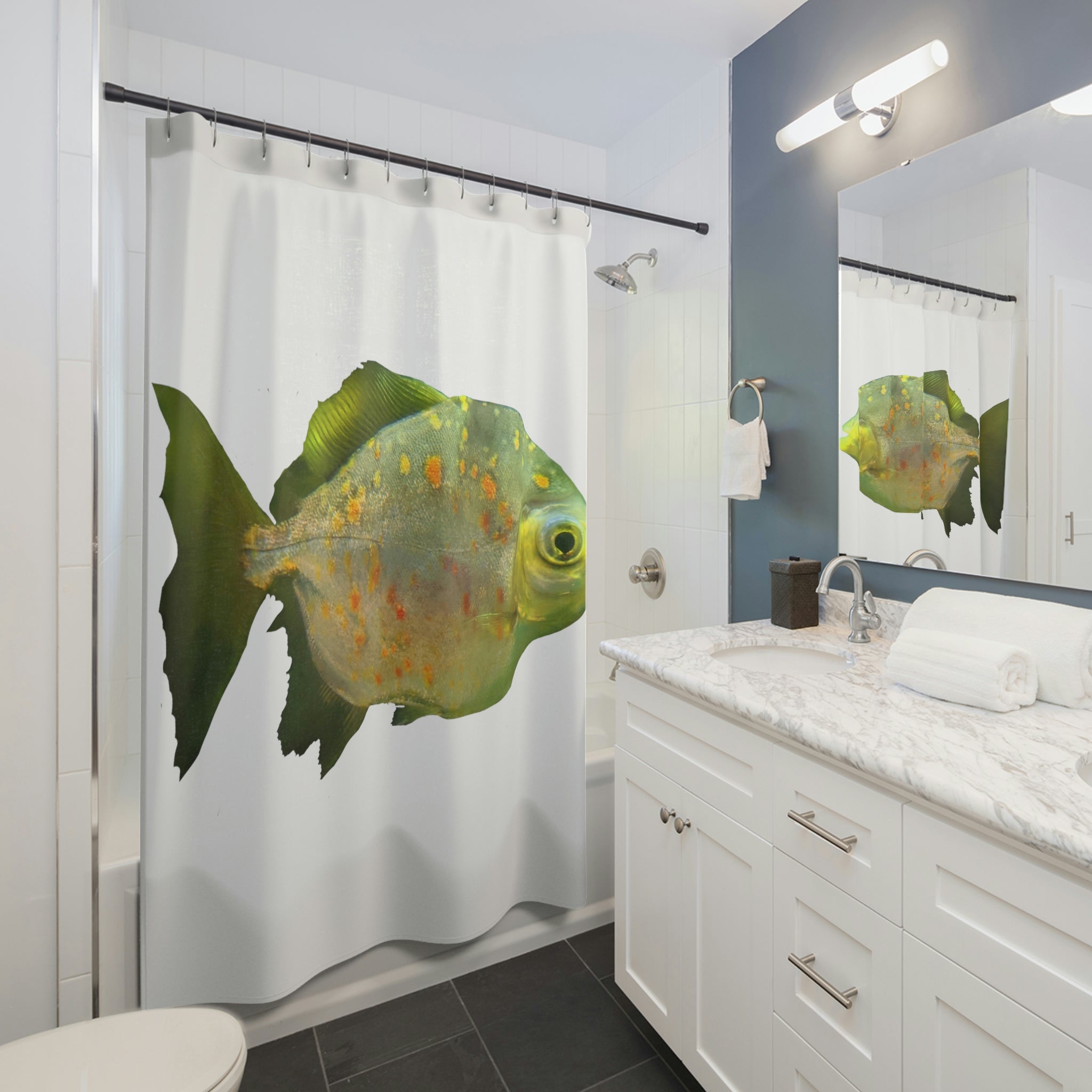 Colorful Piranha Fish Shower Curtain made of durable polyester, featuring a vibrant aquatic design perfect for bathroom decor.