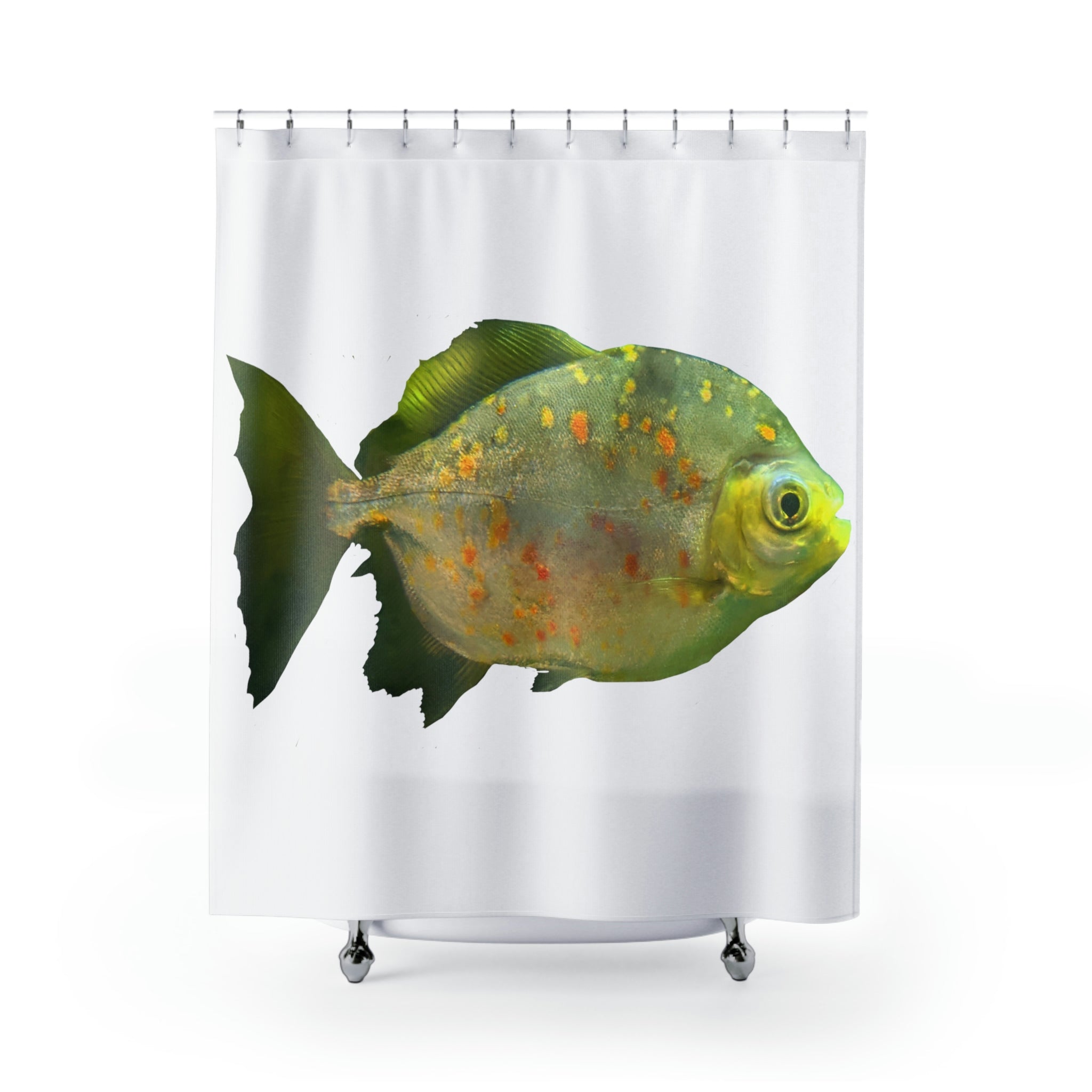 Colorful Piranha Fish Shower Curtain made of durable polyester, featuring a vibrant aquatic design perfect for bathroom decor.