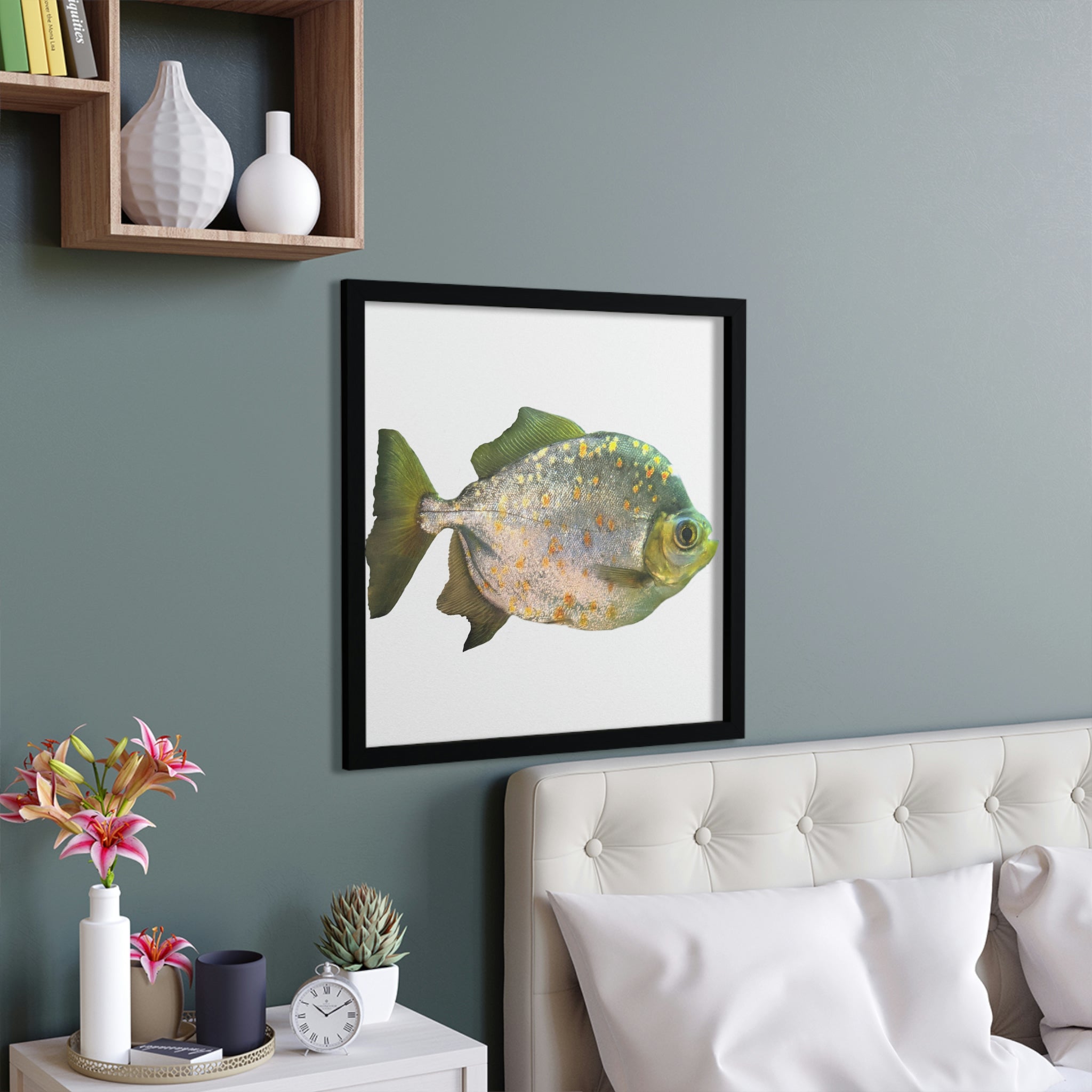 Piranha Green Fish with Specs Framed Poster showcasing vibrant colors and a hand-crafted wooden frame, perfect for home decor.