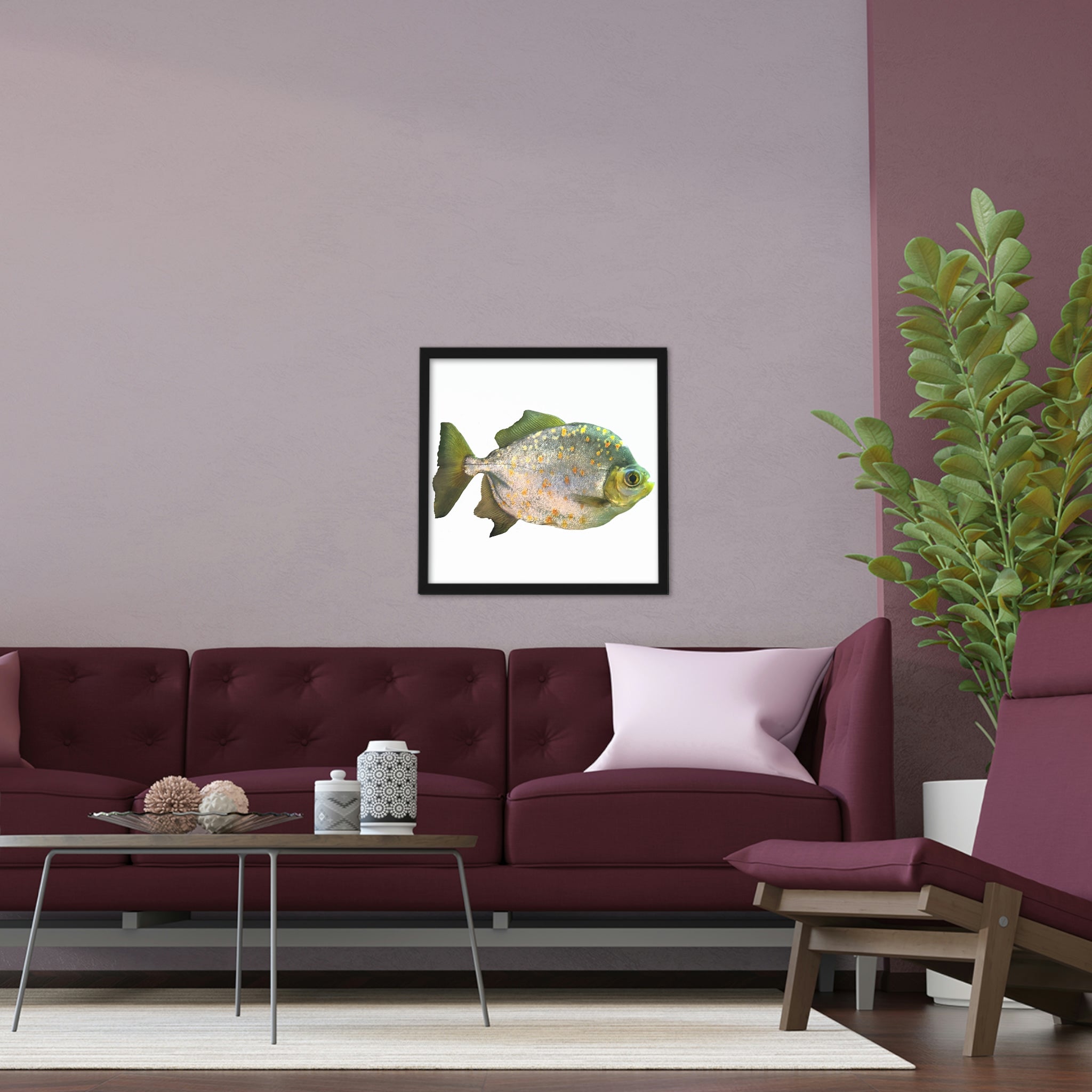 Piranha Green Fish with Specs Framed Poster showcasing vibrant colors and a hand-crafted wooden frame, perfect for home decor.