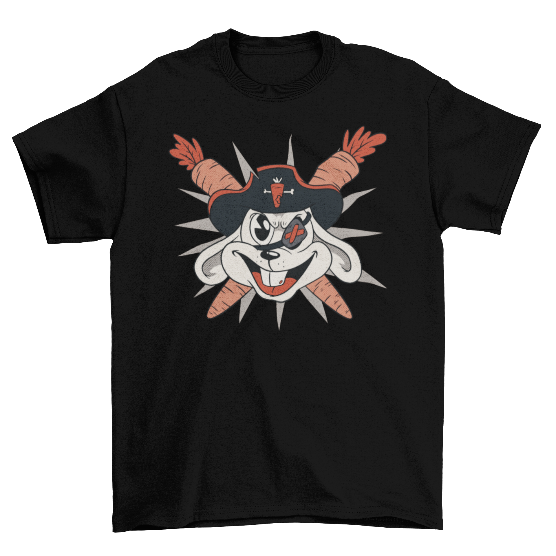 A playful t-shirt design featuring a rabbit head in a pirate hat with crossed carrots.