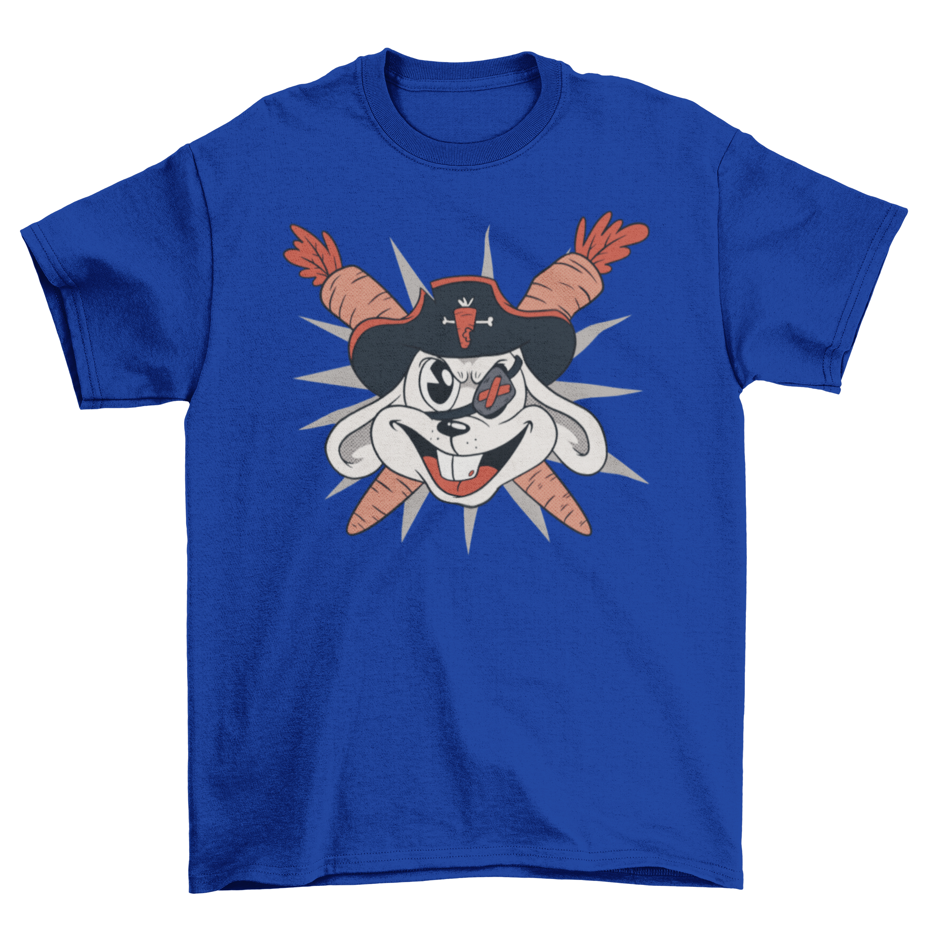 A playful t-shirt design featuring a rabbit head in a pirate hat with crossed carrots.