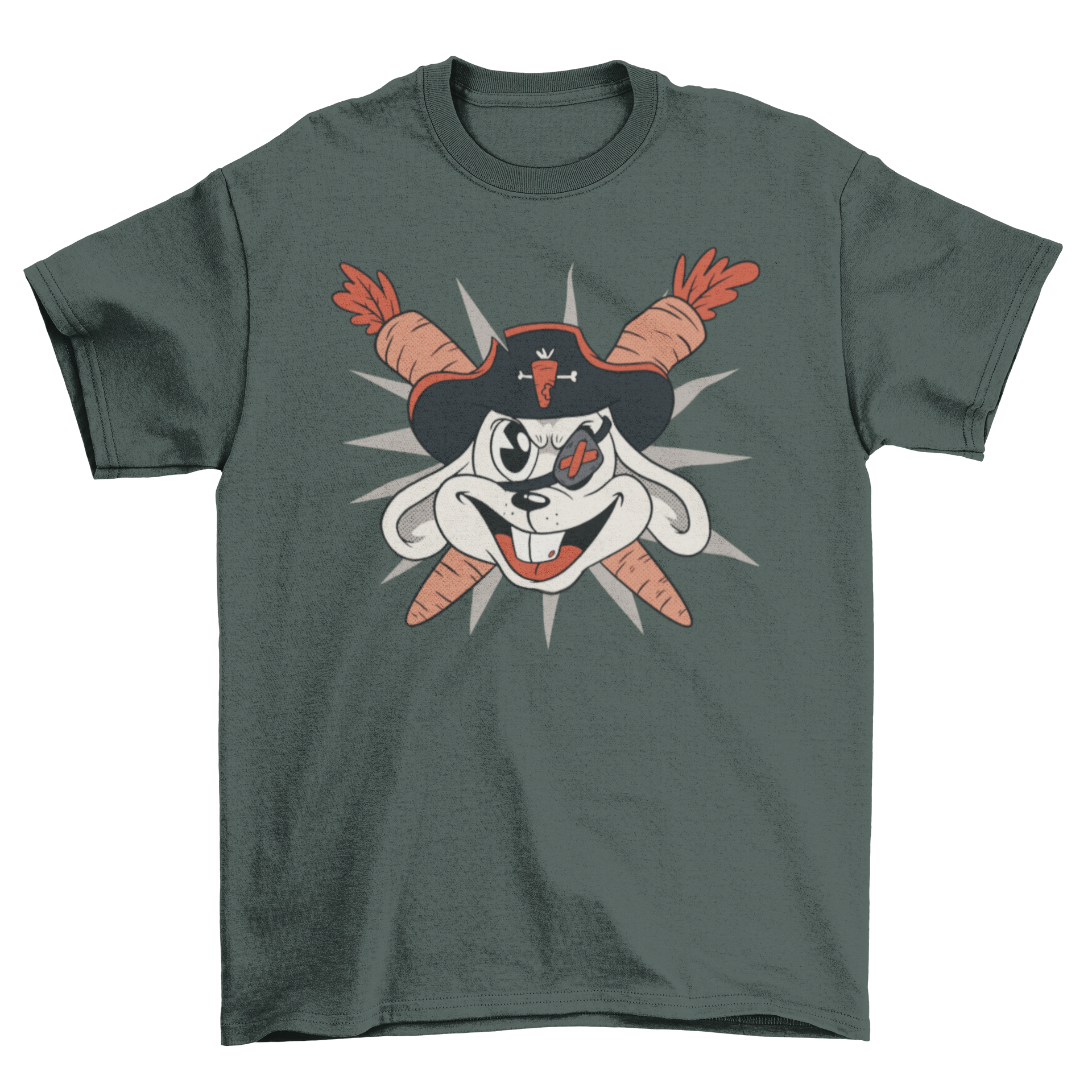 A playful t-shirt design featuring a rabbit head in a pirate hat with crossed carrots.