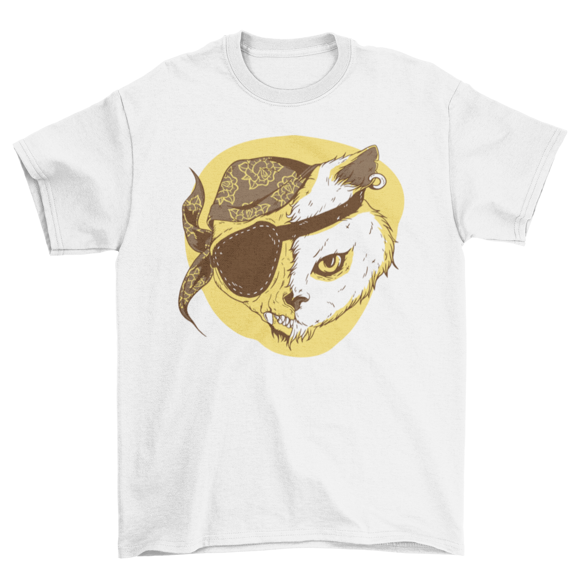 A stylish Pirate Cat T-shirt featuring a pirate cat design with half a skeleton face and an eye patch, perfect for cat lovers.