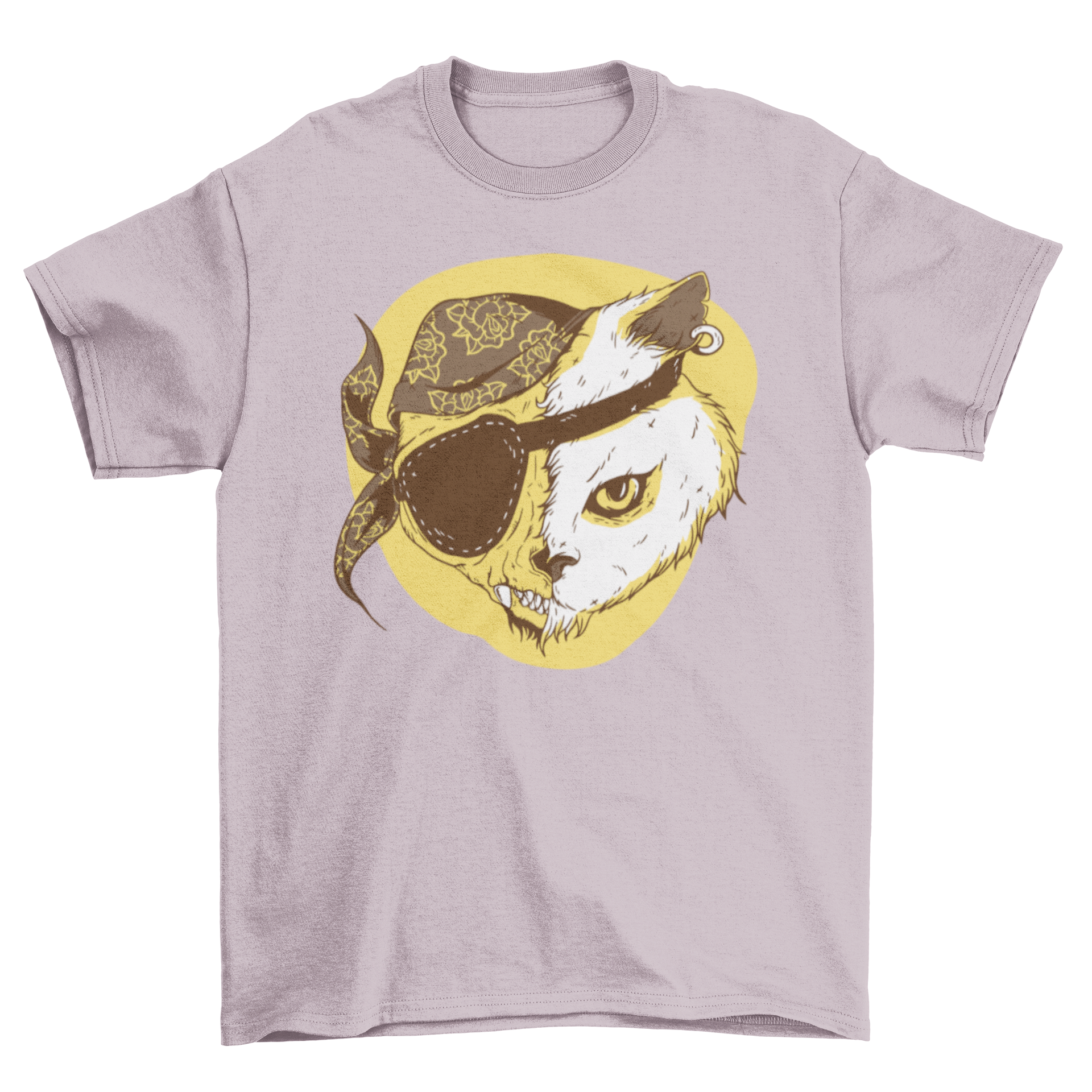 A stylish Pirate Cat T-shirt featuring a pirate cat design with half a skeleton face and an eye patch, perfect for cat lovers.