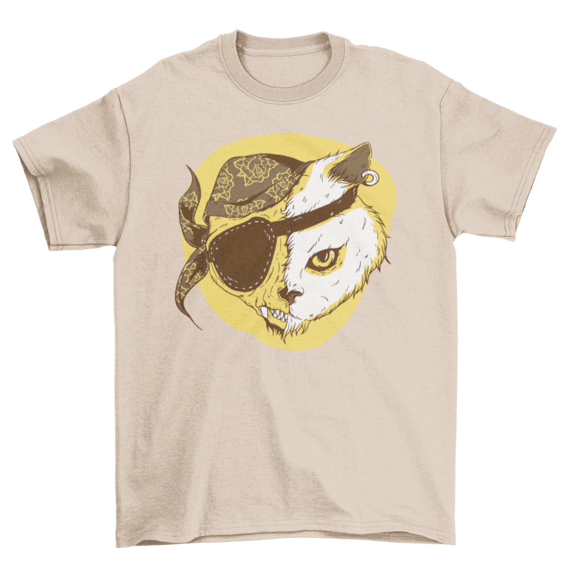 A stylish Pirate Cat T-shirt featuring a pirate cat design with half a skeleton face and an eye patch, perfect for cat lovers.