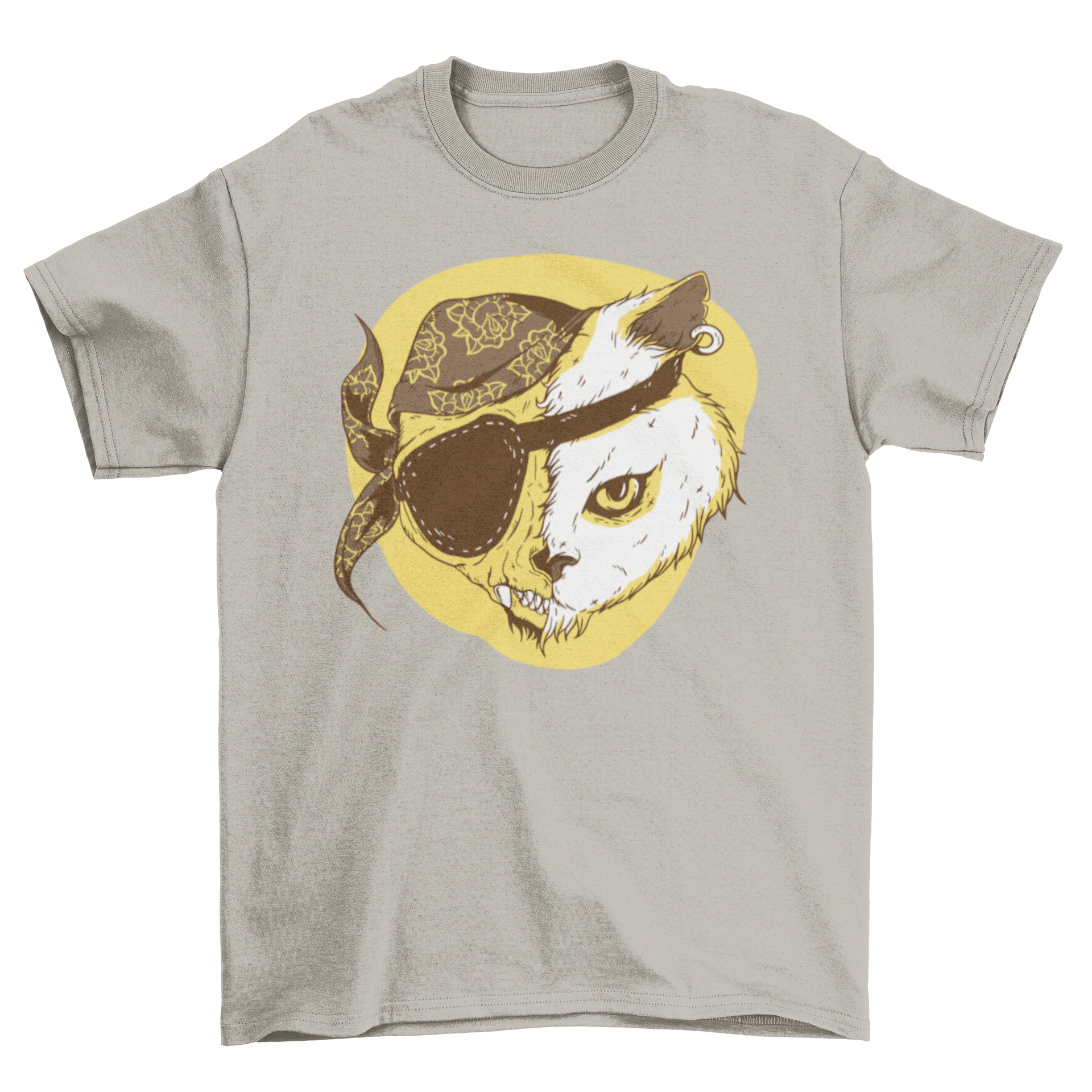 A stylish Pirate Cat T-shirt featuring a pirate cat design with half a skeleton face and an eye patch, perfect for cat lovers.