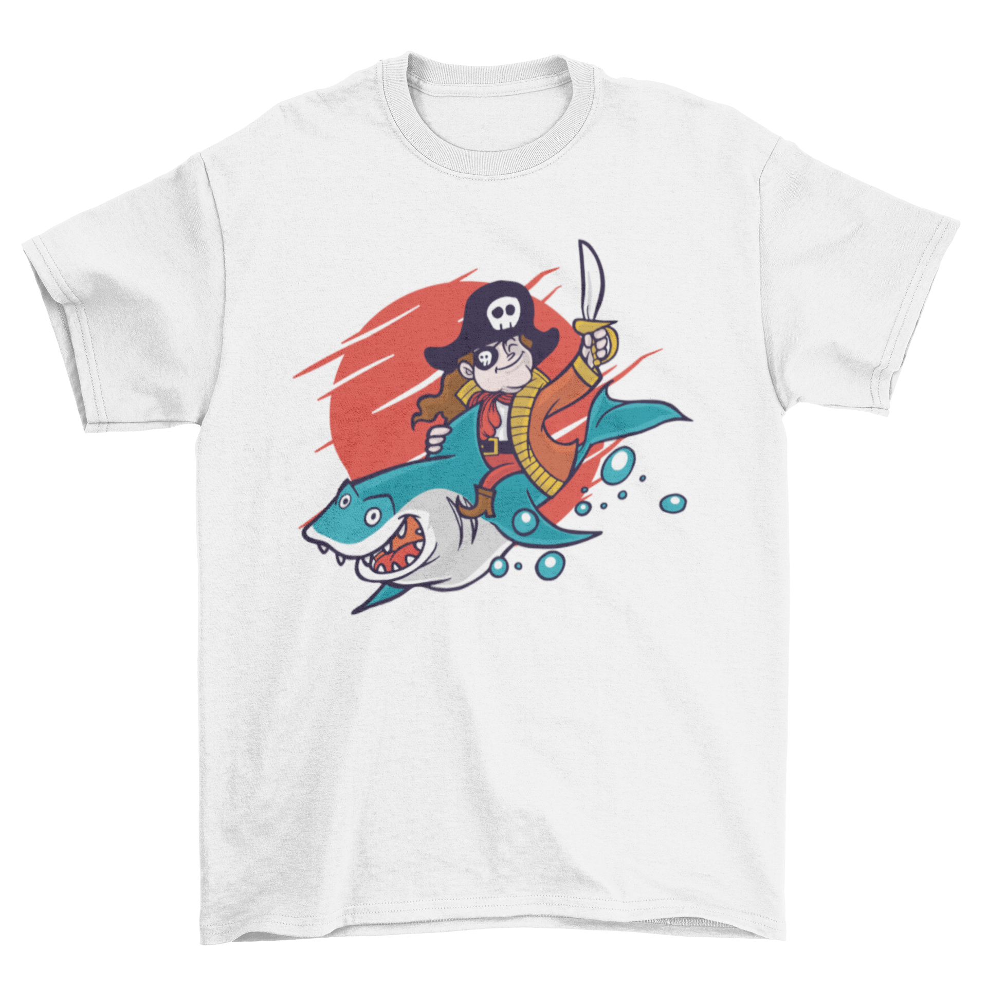 A humorous t-shirt featuring a pirate riding a shark, showcasing a fun and adventurous design.