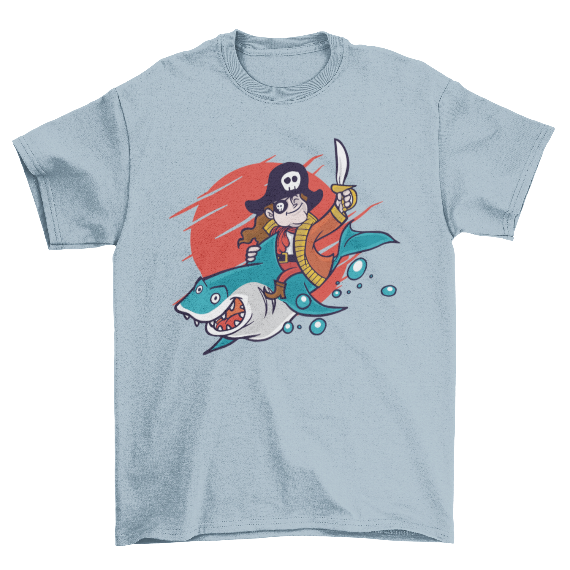 A humorous t-shirt featuring a pirate riding a shark, showcasing a fun and adventurous design.