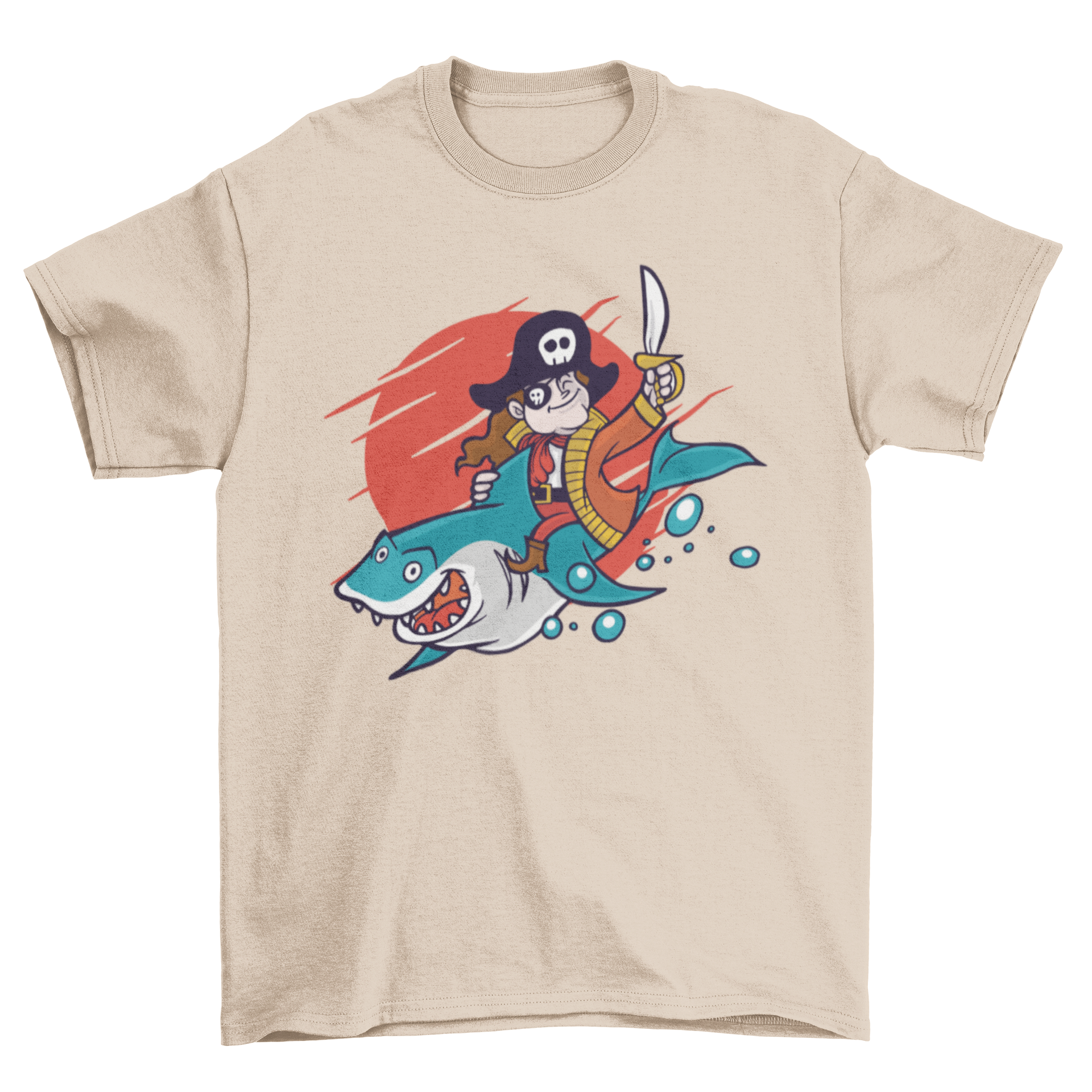 A humorous t-shirt featuring a pirate riding a shark, showcasing a fun and adventurous design.