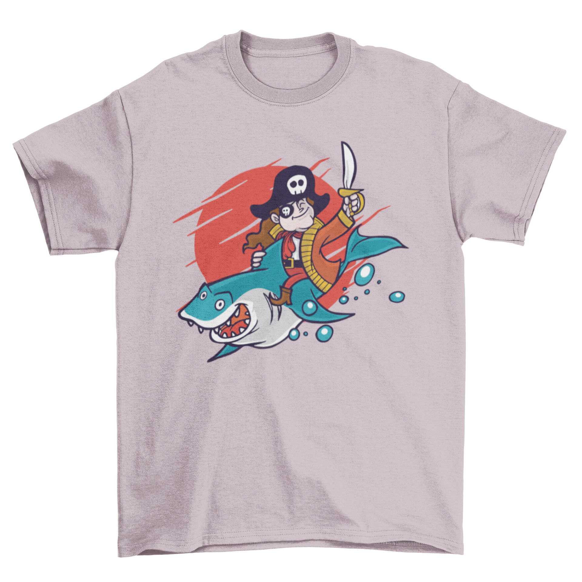 A humorous t-shirt featuring a pirate riding a shark, showcasing a fun and adventurous design.