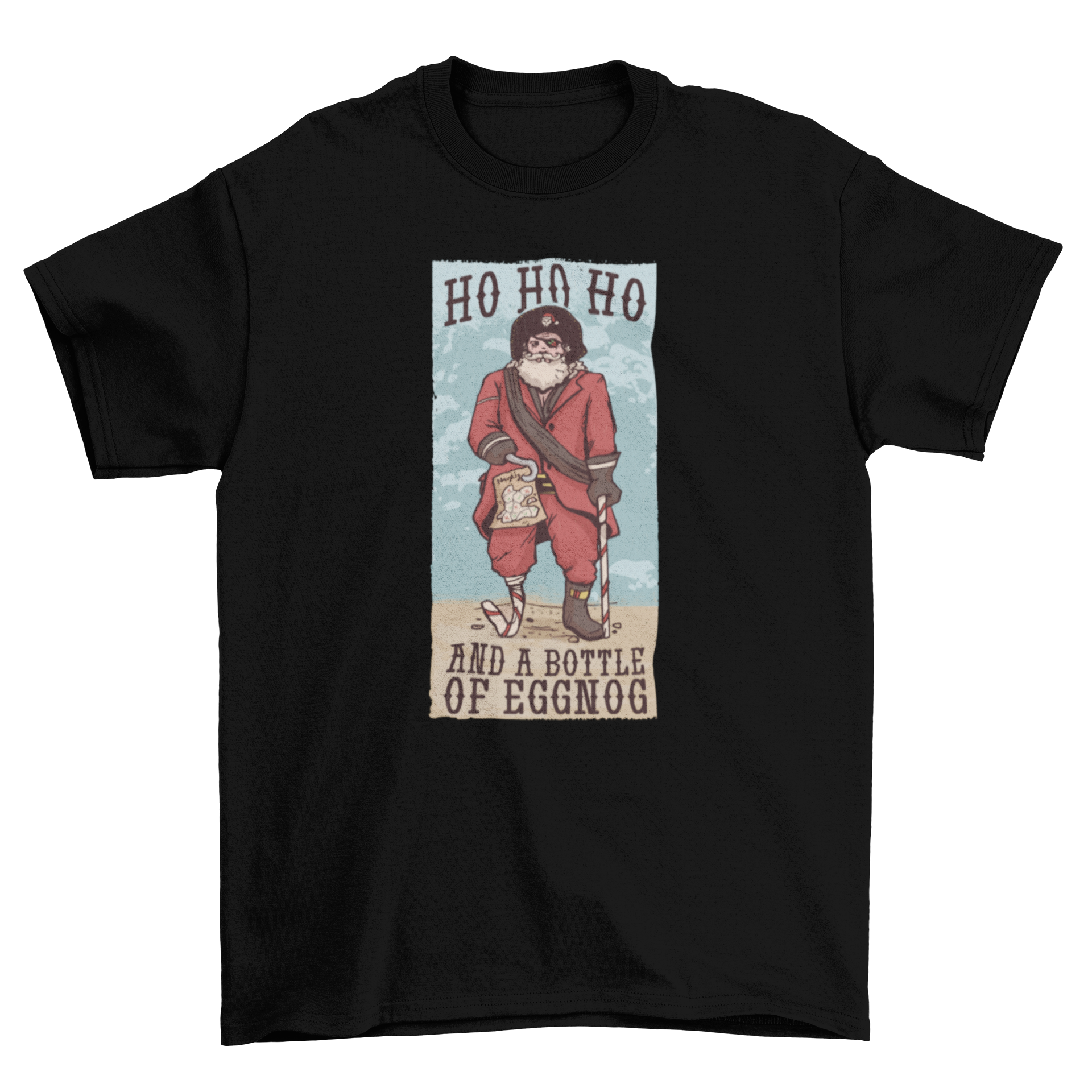 A playful t-shirt featuring Santa Claus dressed as a pirate with an eye patch and a festive hat, along with the quote 'Ho ho ho and a bottle of eggnog'.