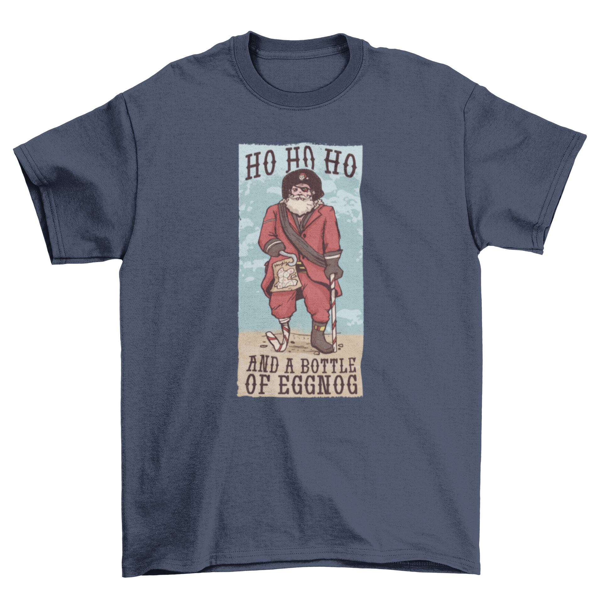 A playful t-shirt featuring Santa Claus dressed as a pirate with an eye patch and a festive hat, along with the quote 'Ho ho ho and a bottle of eggnog'.