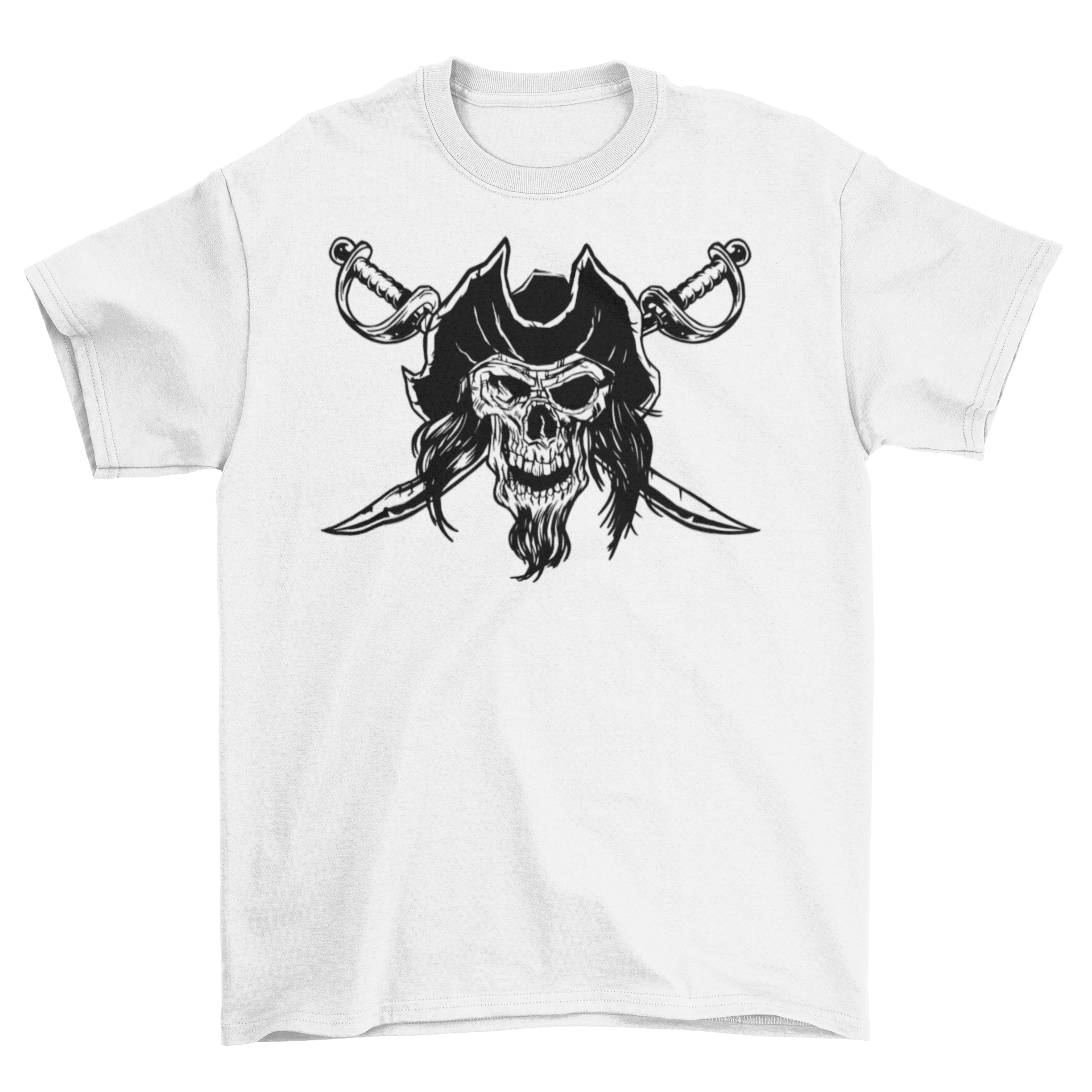 A dark pirate t-shirt featuring a detailed skull with hair and beard, wearing a pirate hat, over two crossed swords.