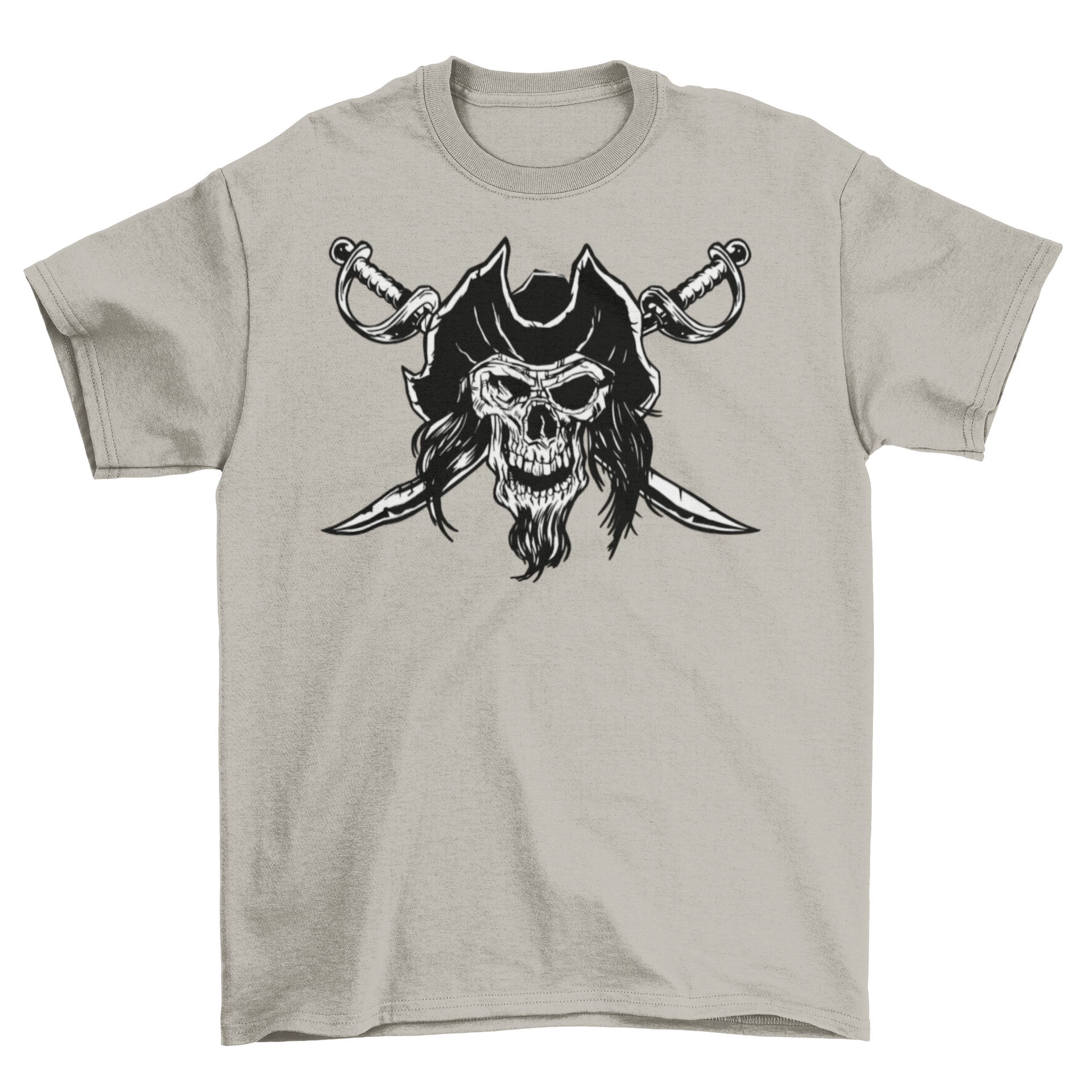 A dark pirate t-shirt featuring a detailed skull with hair and beard, wearing a pirate hat, over two crossed swords.