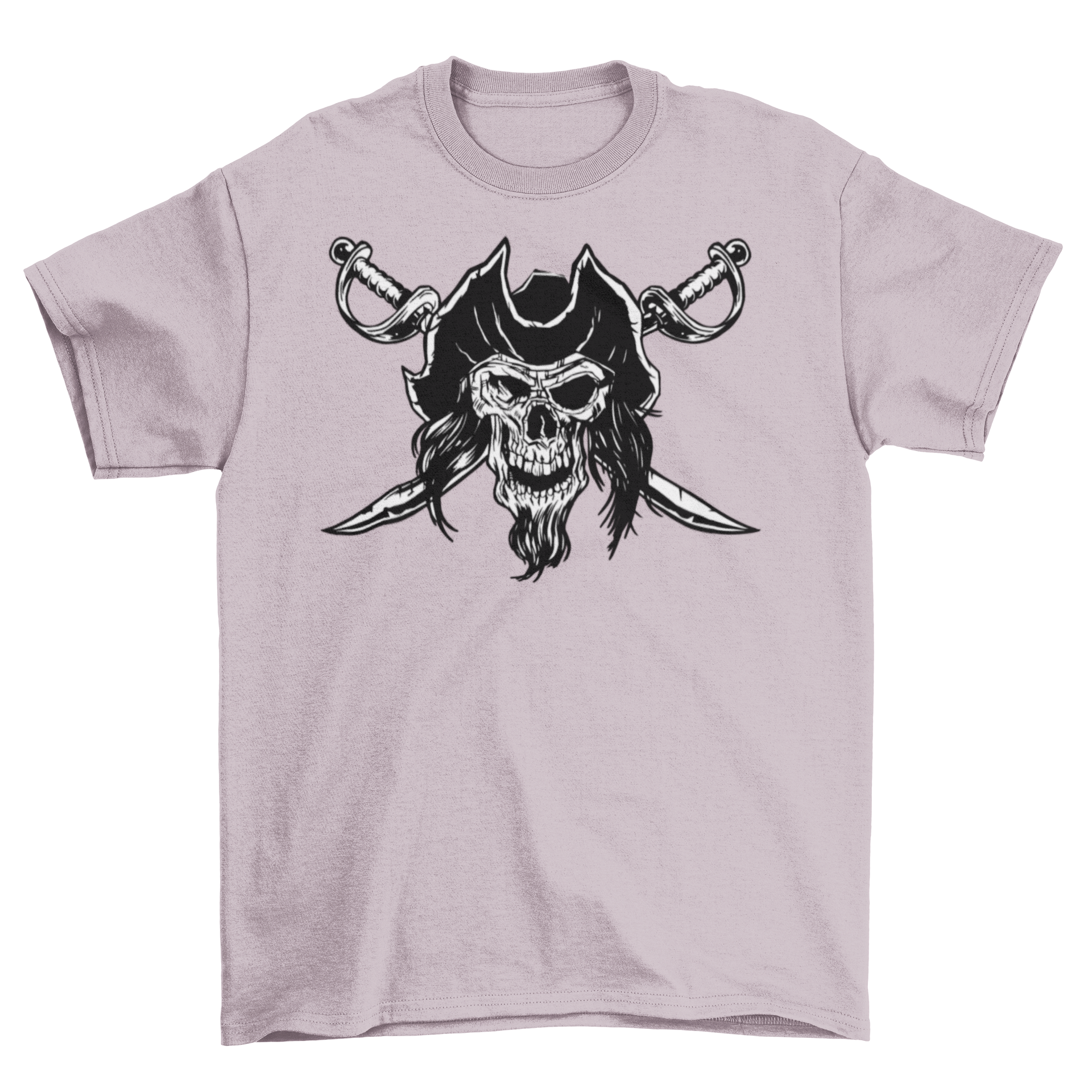 A dark pirate t-shirt featuring a detailed skull with hair and beard, wearing a pirate hat, over two crossed swords.