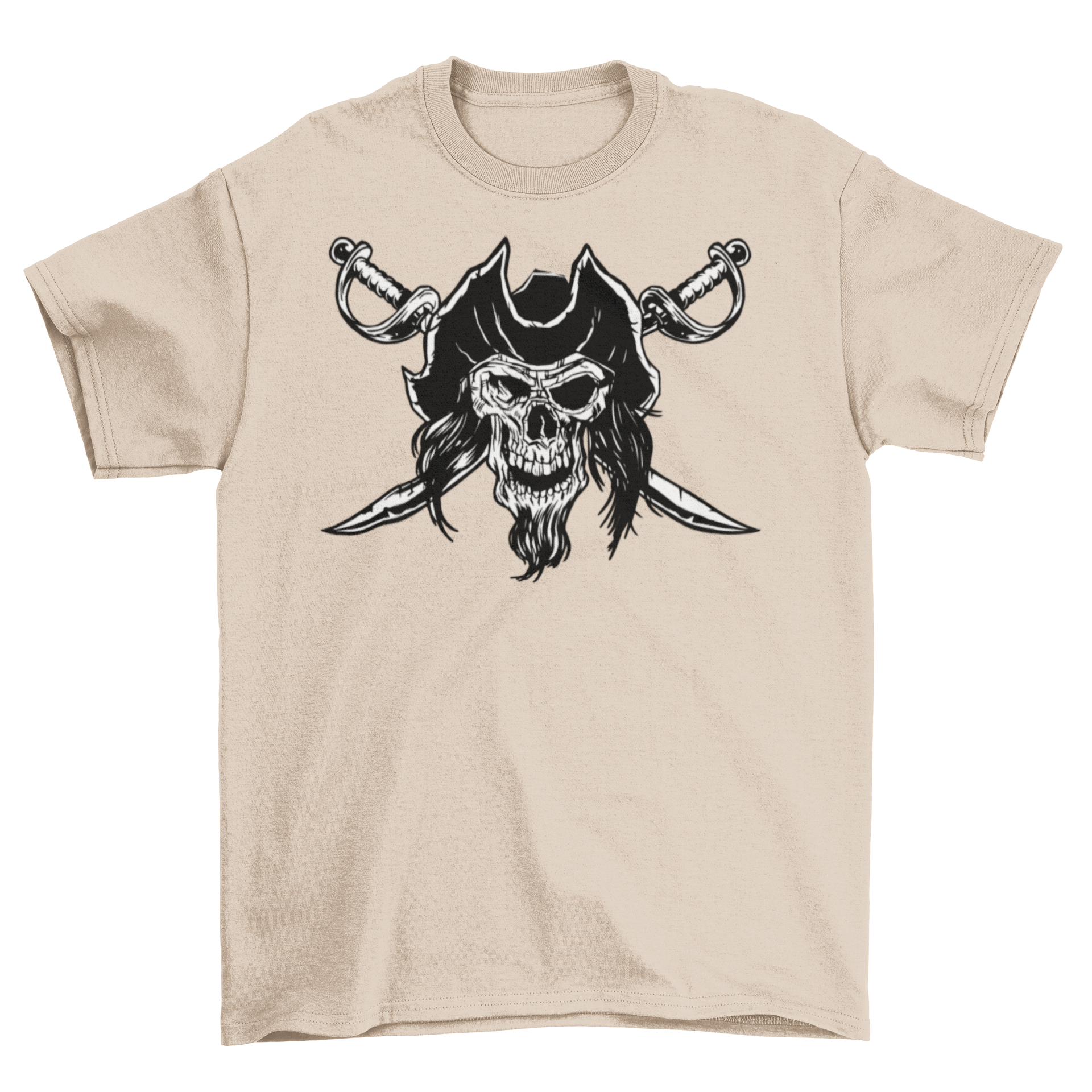 A dark pirate t-shirt featuring a detailed skull with hair and beard, wearing a pirate hat, over two crossed swords.