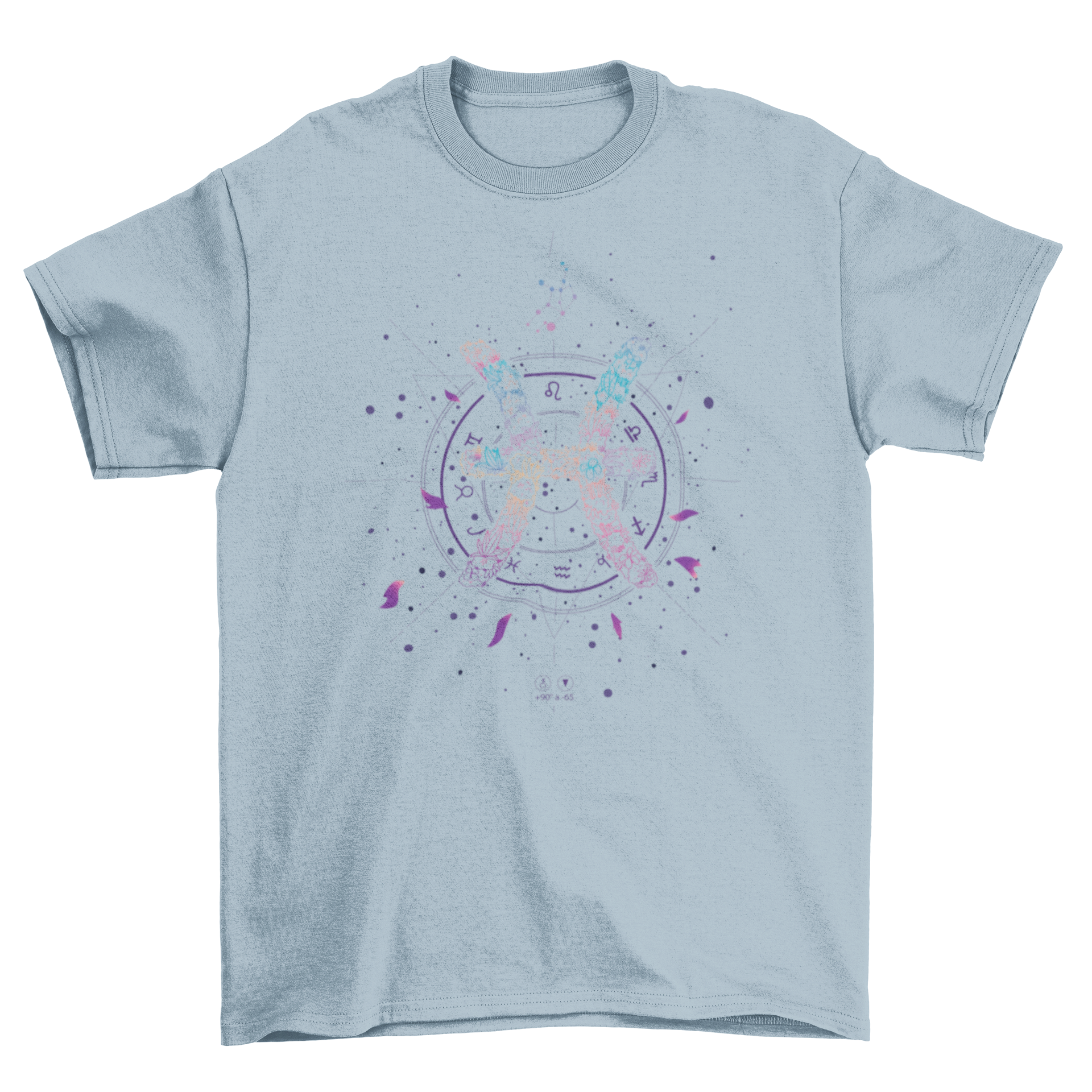 Colorful line art design of the Pisces zodiac sign on a t-shirt, featuring floral elements.