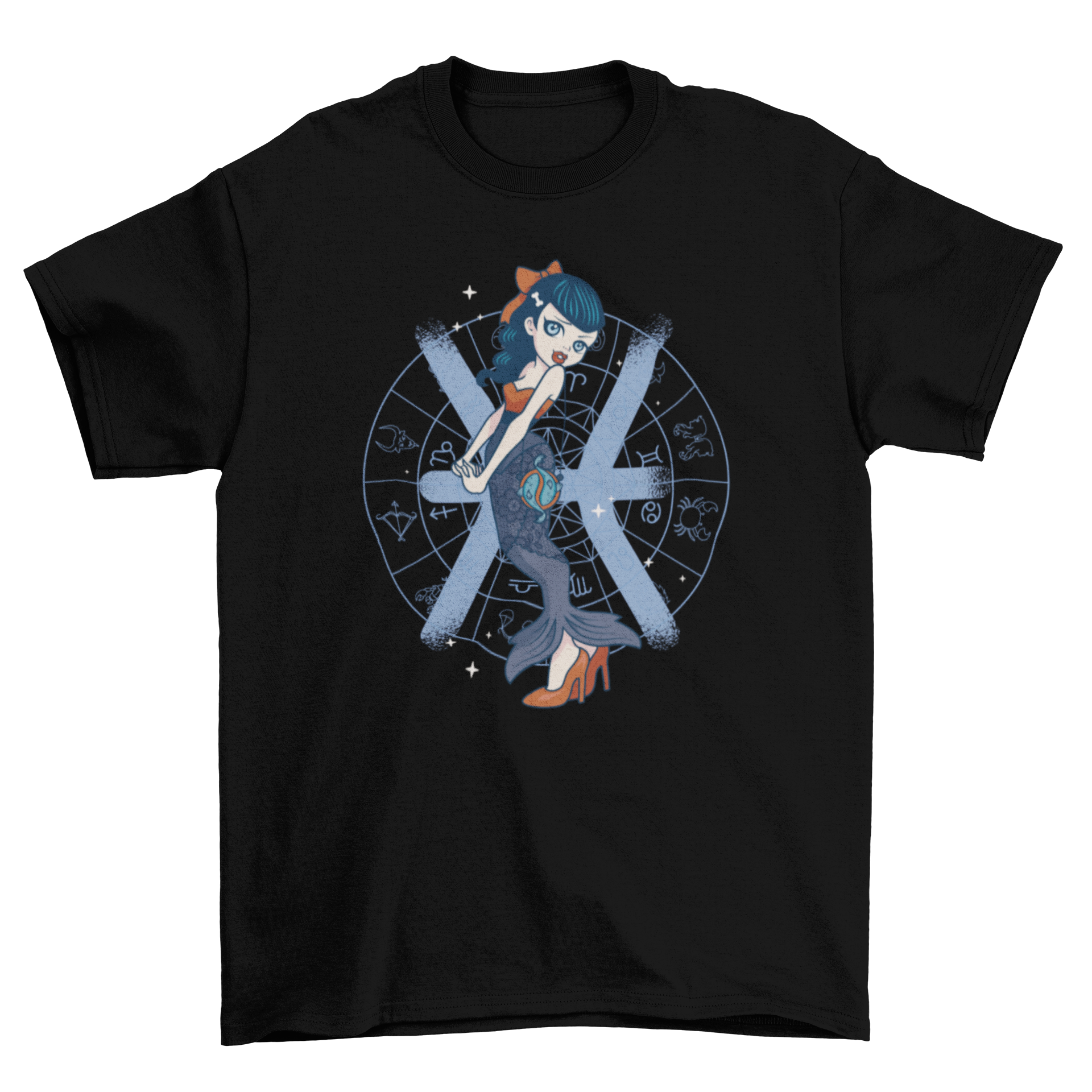 Goth girl illustration representing the Pisces zodiac sign on a stylish t-shirt.