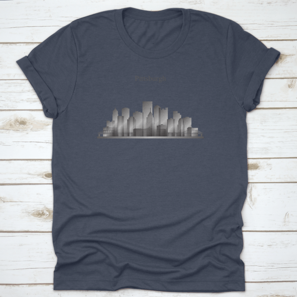 A grayscale shirt featuring the silhouette of Pittsburgh's city skyline, showcasing iconic buildings and structures.