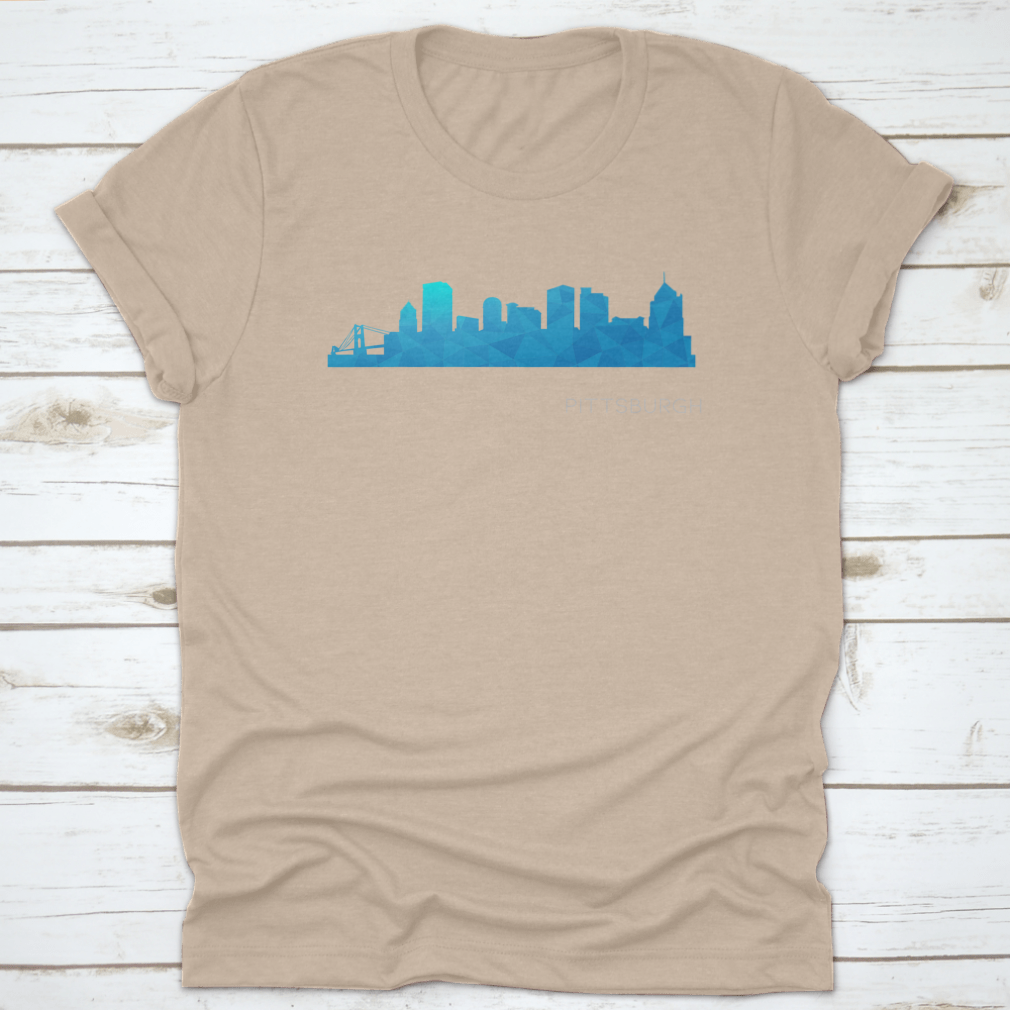 A vibrant blue low poly skyline design representing Pittsburgh, PA, showcasing iconic city landmarks in a modern artistic style.