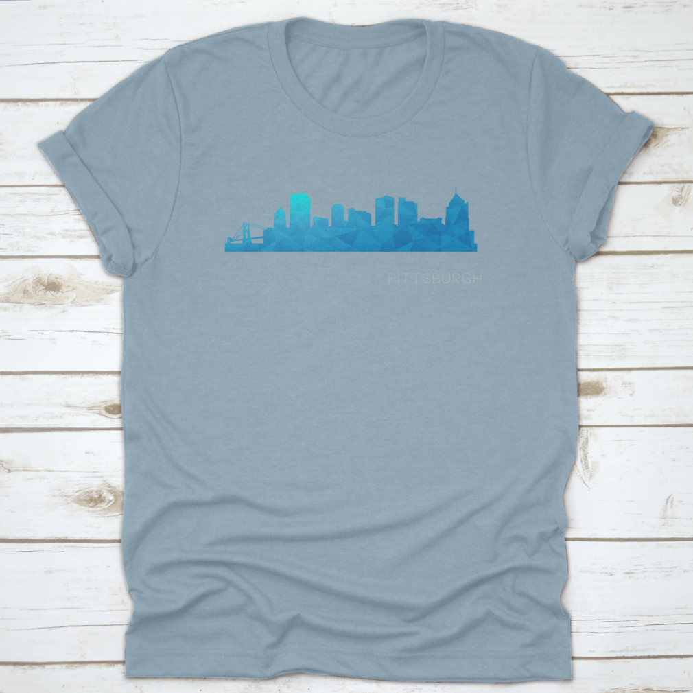 A vibrant blue low poly skyline design representing Pittsburgh, PA, showcasing iconic city landmarks in a modern artistic style.