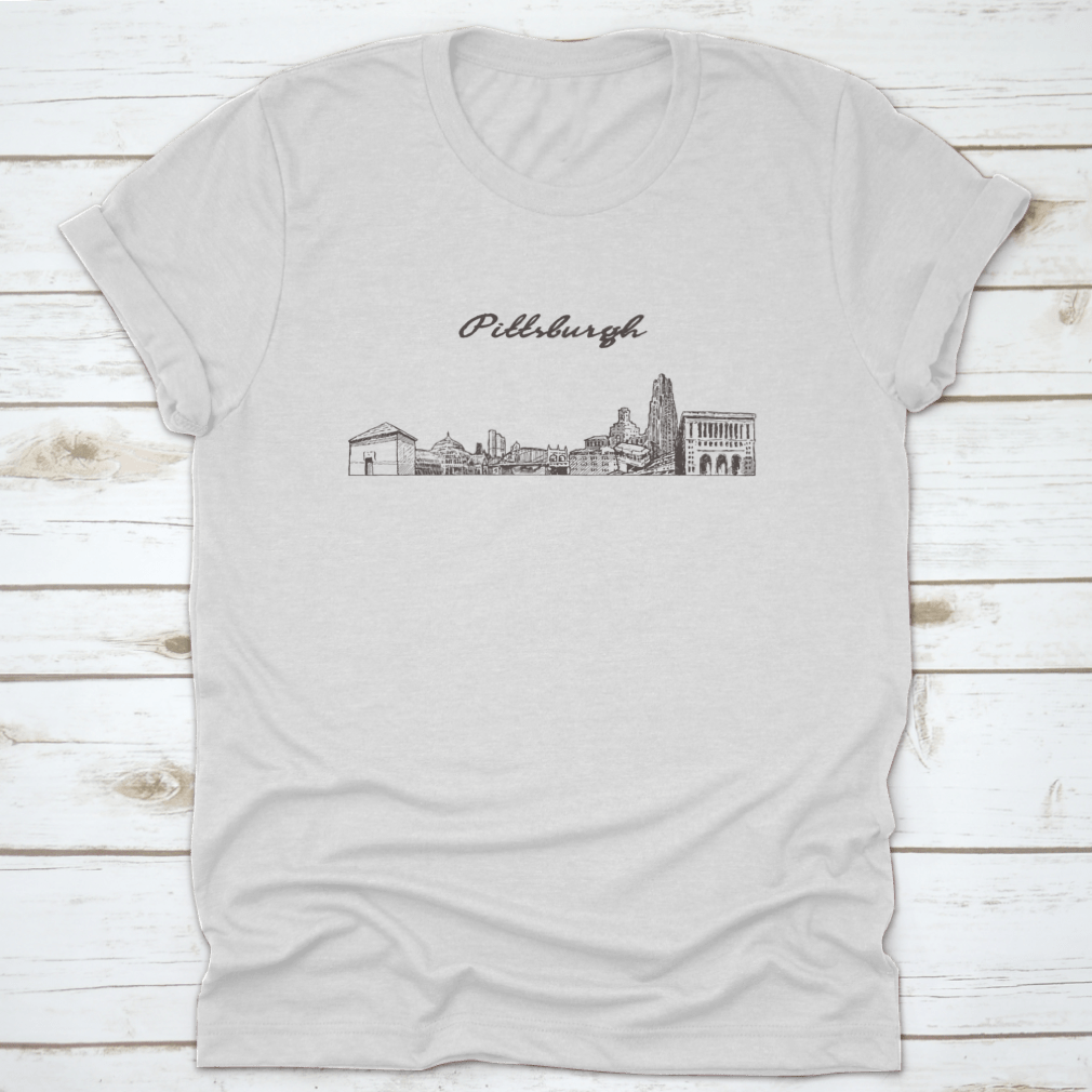 Hand-drawn vector illustration of the Pittsburgh skyline on a comfortable cotton t-shirt, showcasing iconic buildings and structures.