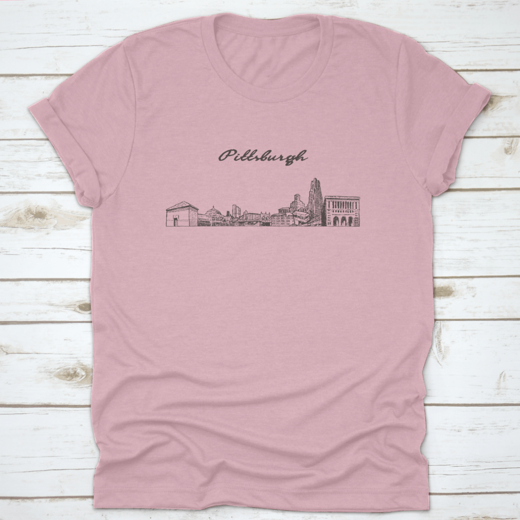 Hand-drawn vector illustration of the Pittsburgh skyline on a comfortable cotton t-shirt, showcasing iconic buildings and structures.