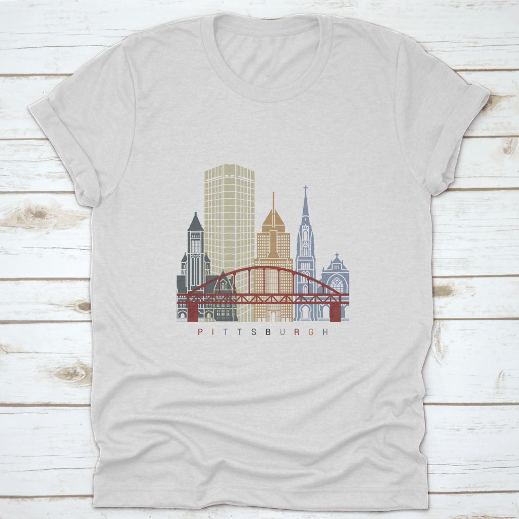 Pittsburgh Skyline Poster shirt featuring a vibrant skyline design, made from soft cotton fabric, ideal for casual wear.