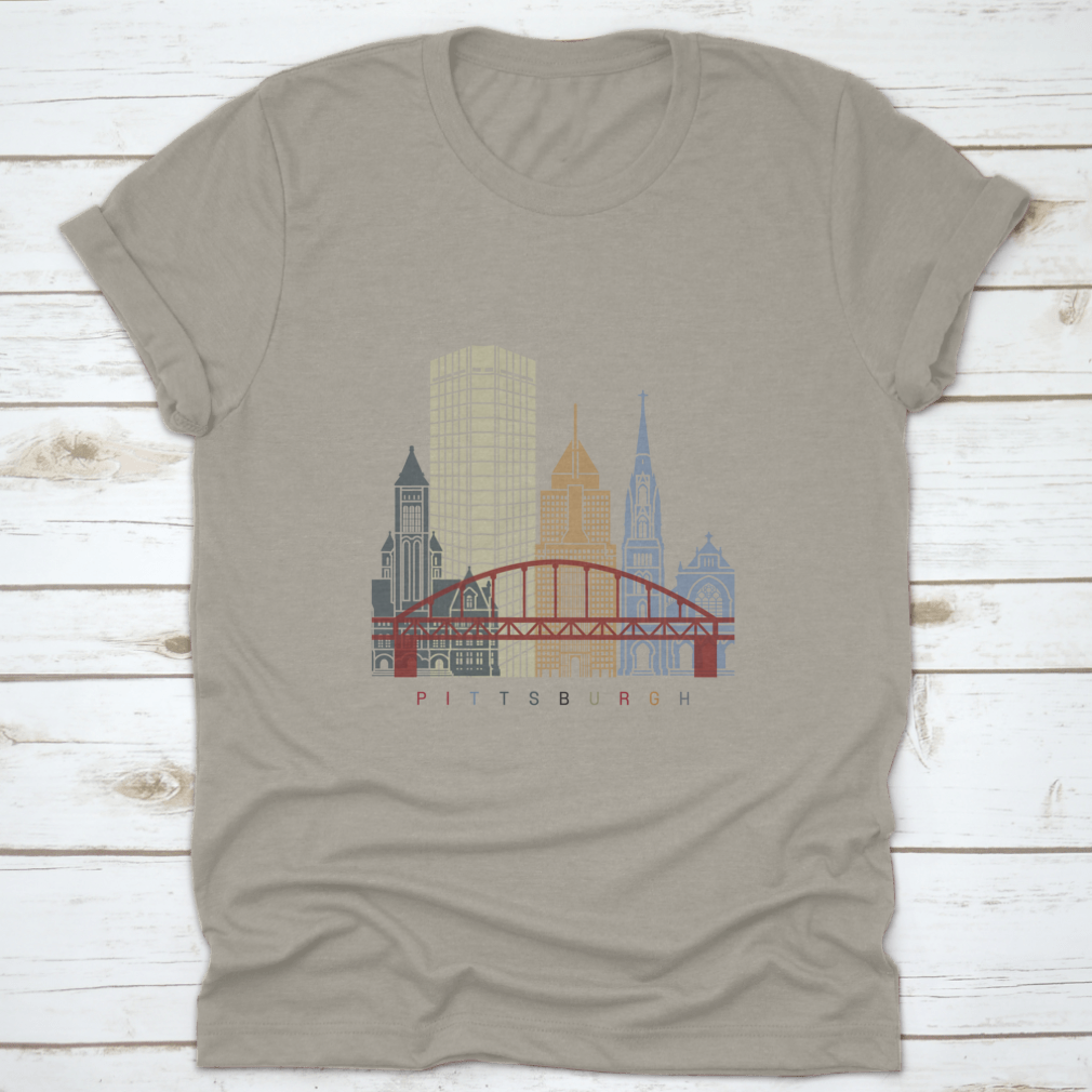 Pittsburgh Skyline Poster shirt featuring a vibrant skyline design, made from soft cotton fabric, ideal for casual wear.