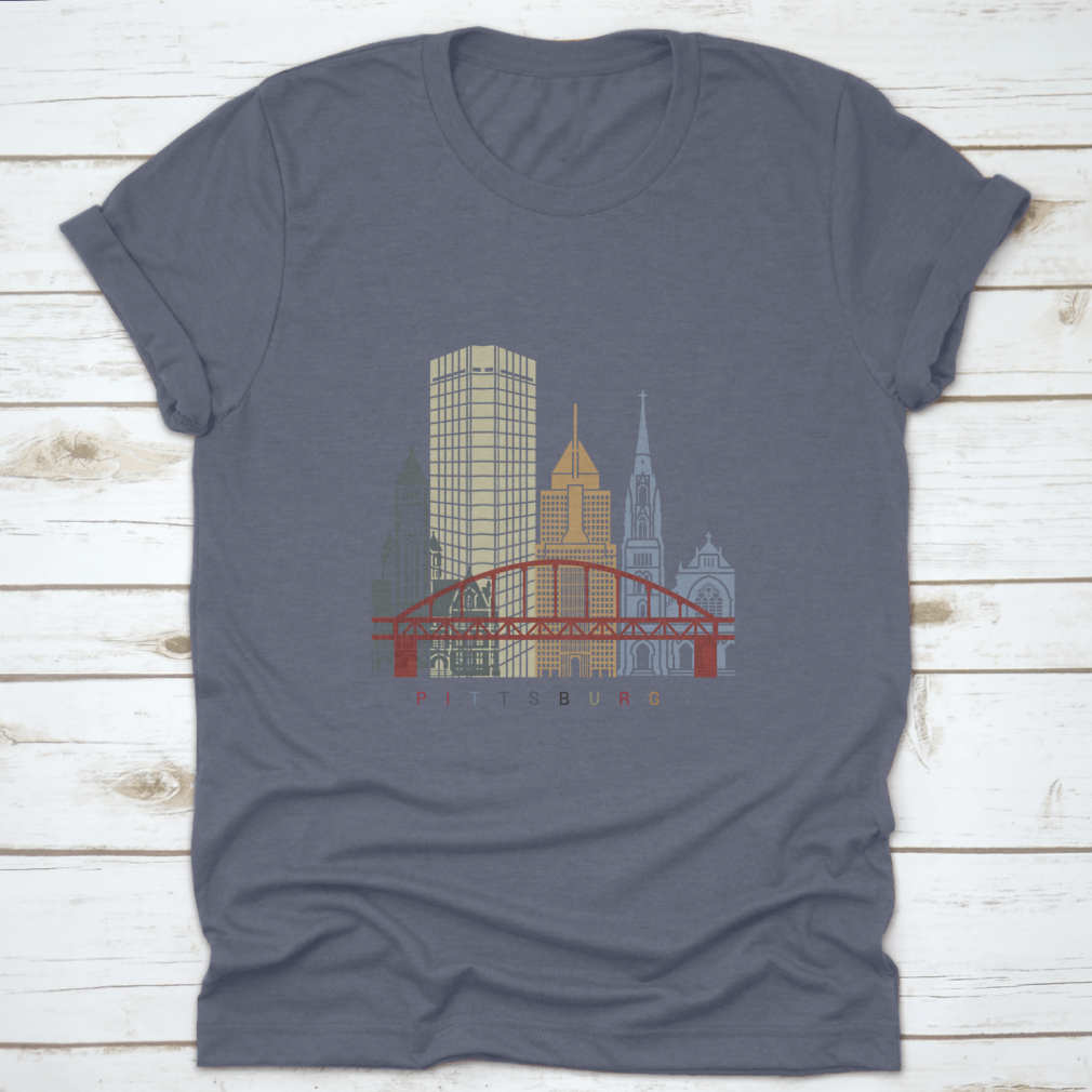 Pittsburgh Skyline Poster shirt featuring a vibrant skyline design, made from soft cotton fabric, ideal for casual wear.