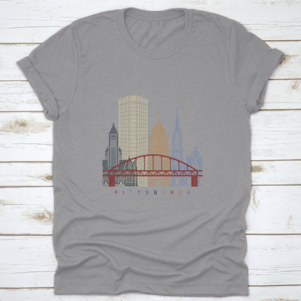 Pittsburgh Skyline Poster shirt featuring a vibrant skyline design, made from soft cotton fabric, ideal for casual wear.