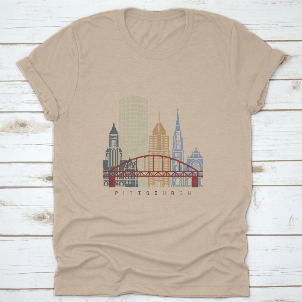 Pittsburgh Skyline Poster shirt featuring a vibrant skyline design, made from soft cotton fabric, ideal for casual wear.