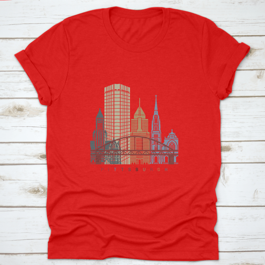 Pittsburgh Skyline Poster shirt featuring a vibrant skyline design, made from soft cotton fabric, ideal for casual wear.