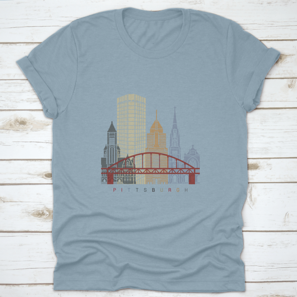 Pittsburgh Skyline Poster shirt featuring a vibrant skyline design, made from soft cotton fabric, ideal for casual wear.