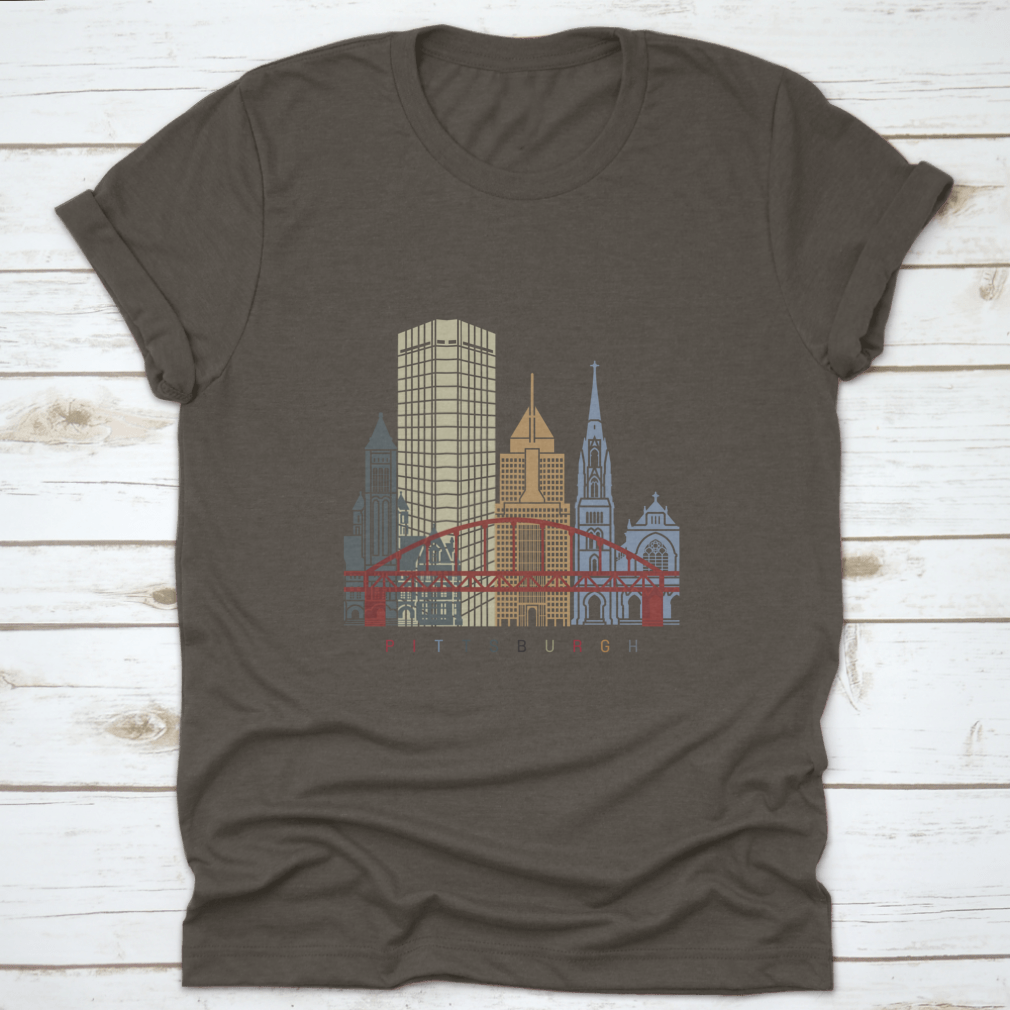 Pittsburgh Skyline Poster shirt featuring a vibrant skyline design, made from soft cotton fabric, ideal for casual wear.