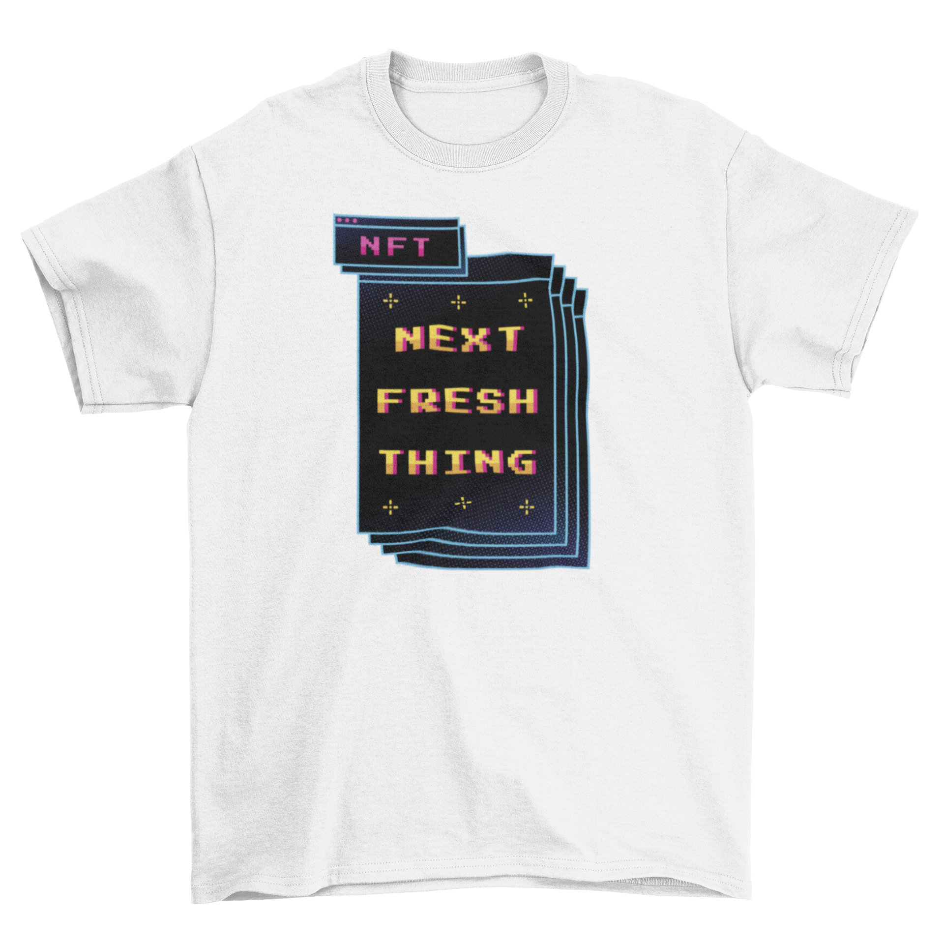 Pixel art retro t-shirt featuring a computer screen with tabs and the quote 'NFT: next fresh thing'.