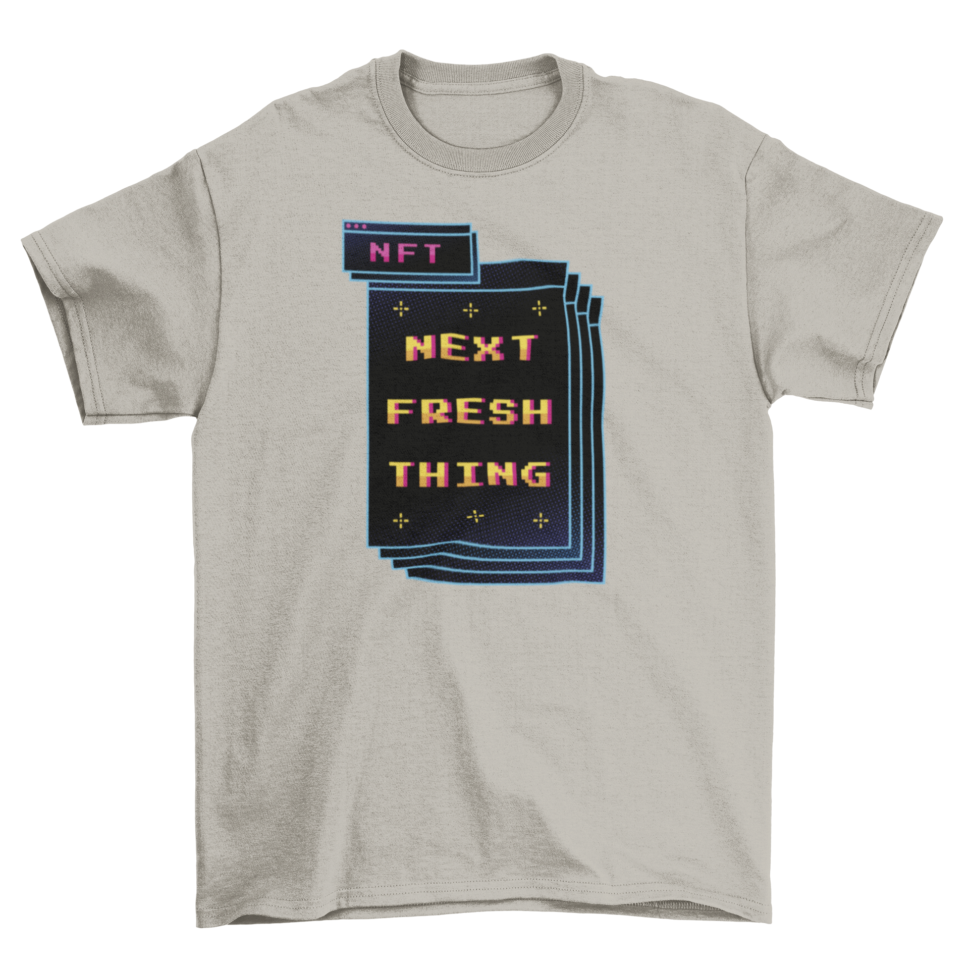 Pixel art retro t-shirt featuring a computer screen with tabs and the quote 'NFT: next fresh thing'.