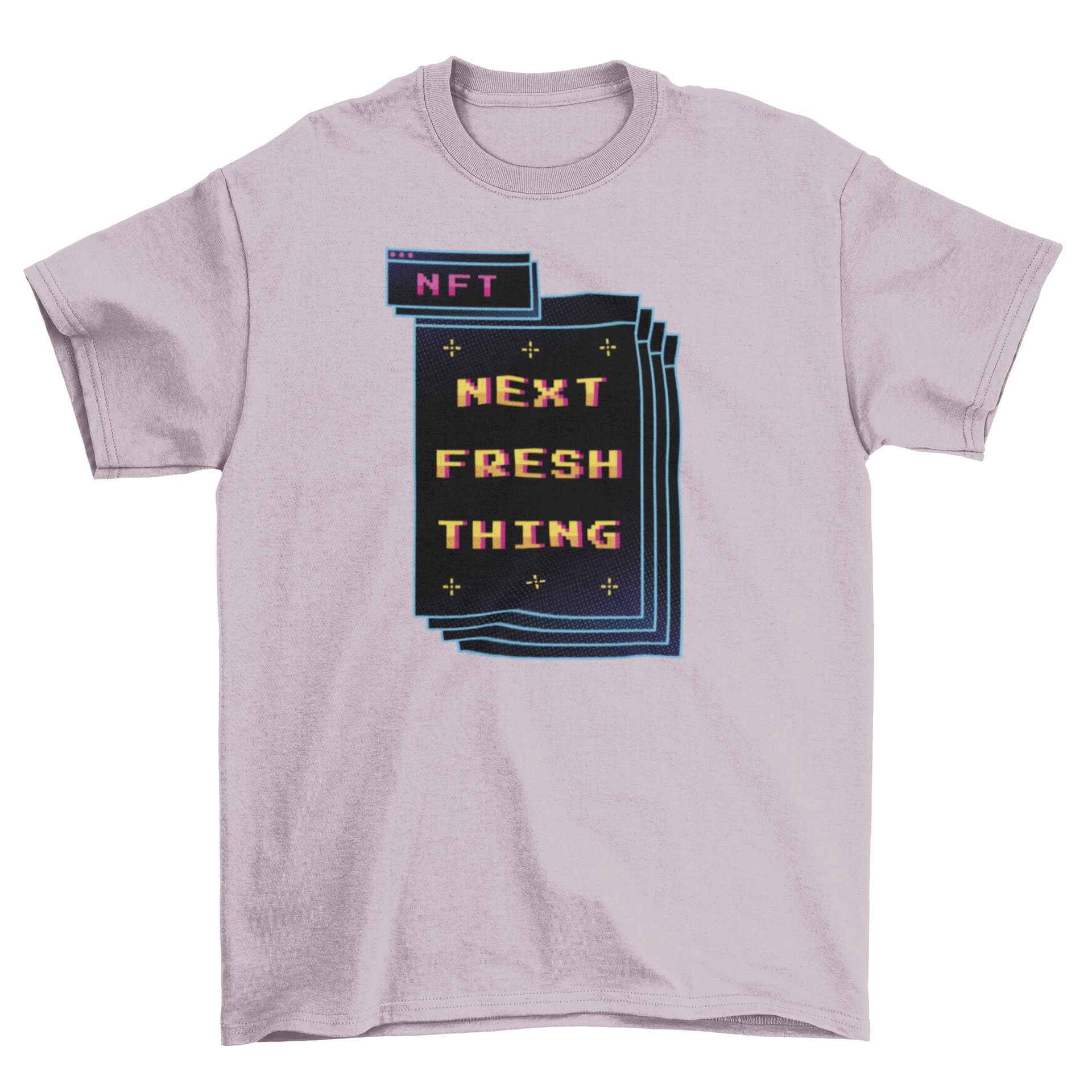 Pixel art retro t-shirt featuring a computer screen with tabs and the quote 'NFT: next fresh thing'.