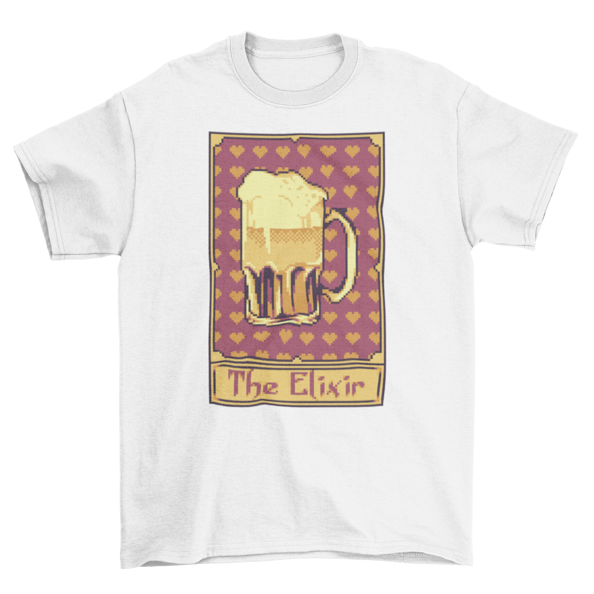 Pixel art t-shirt featuring a beer jug in a tarot card design, showcasing vibrant colors and intricate details.