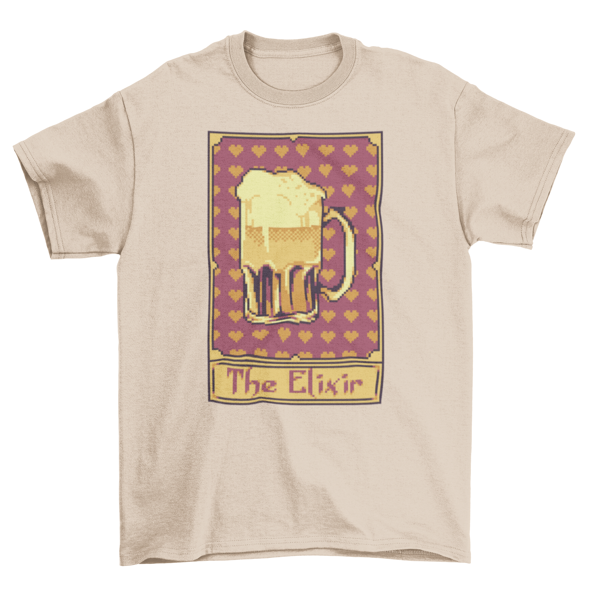 Pixel art t-shirt featuring a beer jug in a tarot card design, showcasing vibrant colors and intricate details.