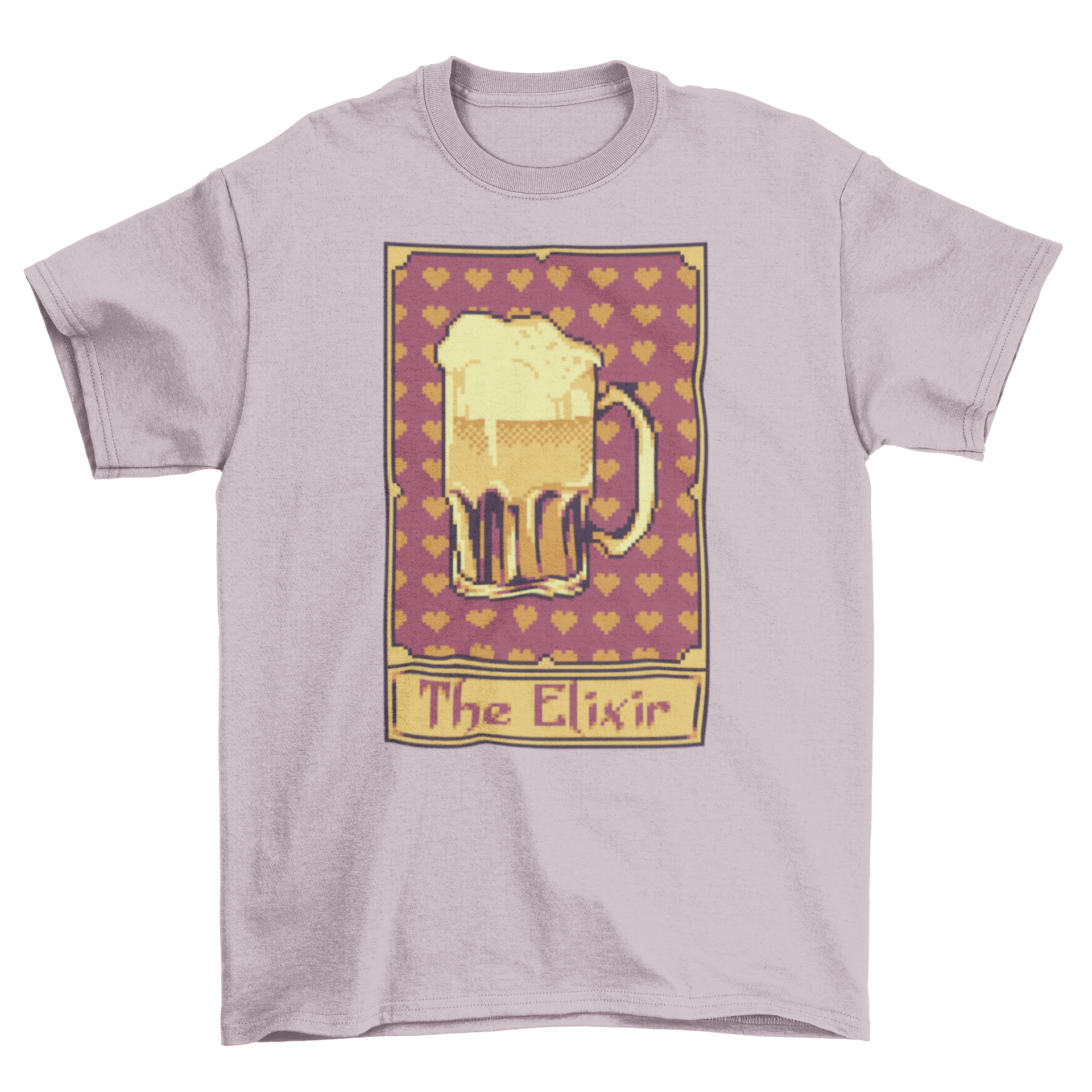 Pixel art t-shirt featuring a beer jug in a tarot card design, showcasing vibrant colors and intricate details.