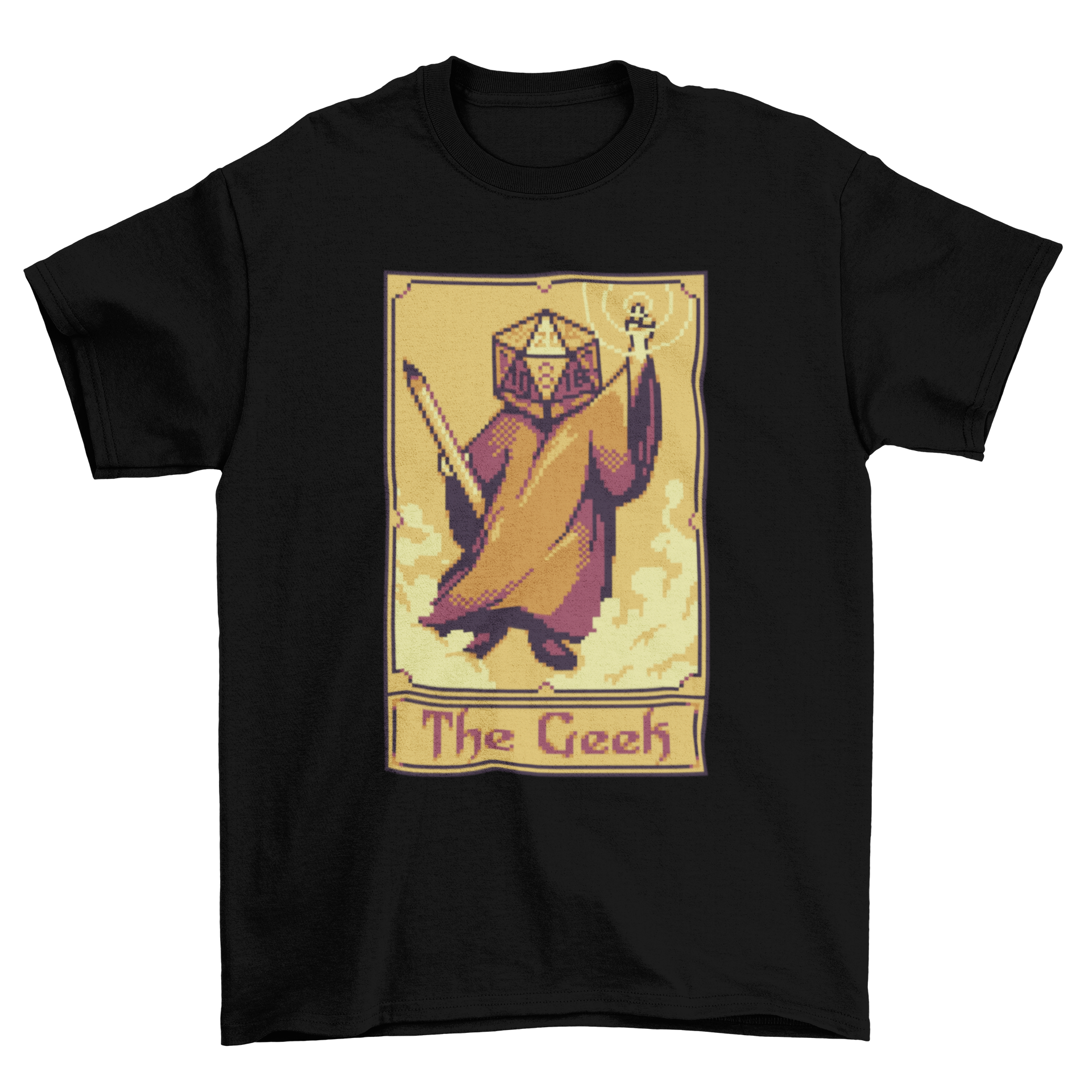 Pixel art t-shirt featuring a tarot card design with a character having a role-playing dice for a head.