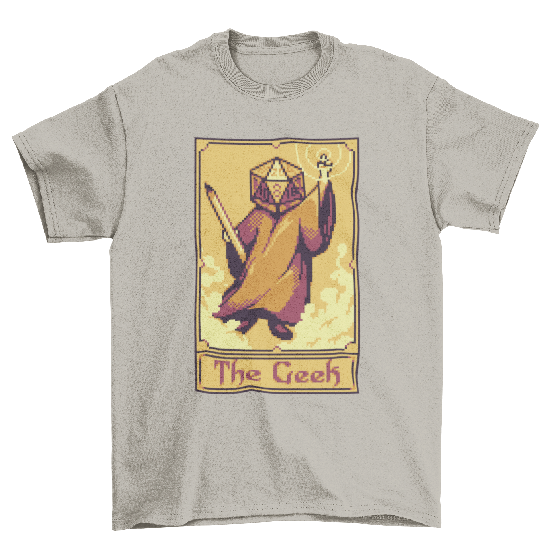 Pixel art t-shirt featuring a tarot card design with a character having a role-playing dice for a head.