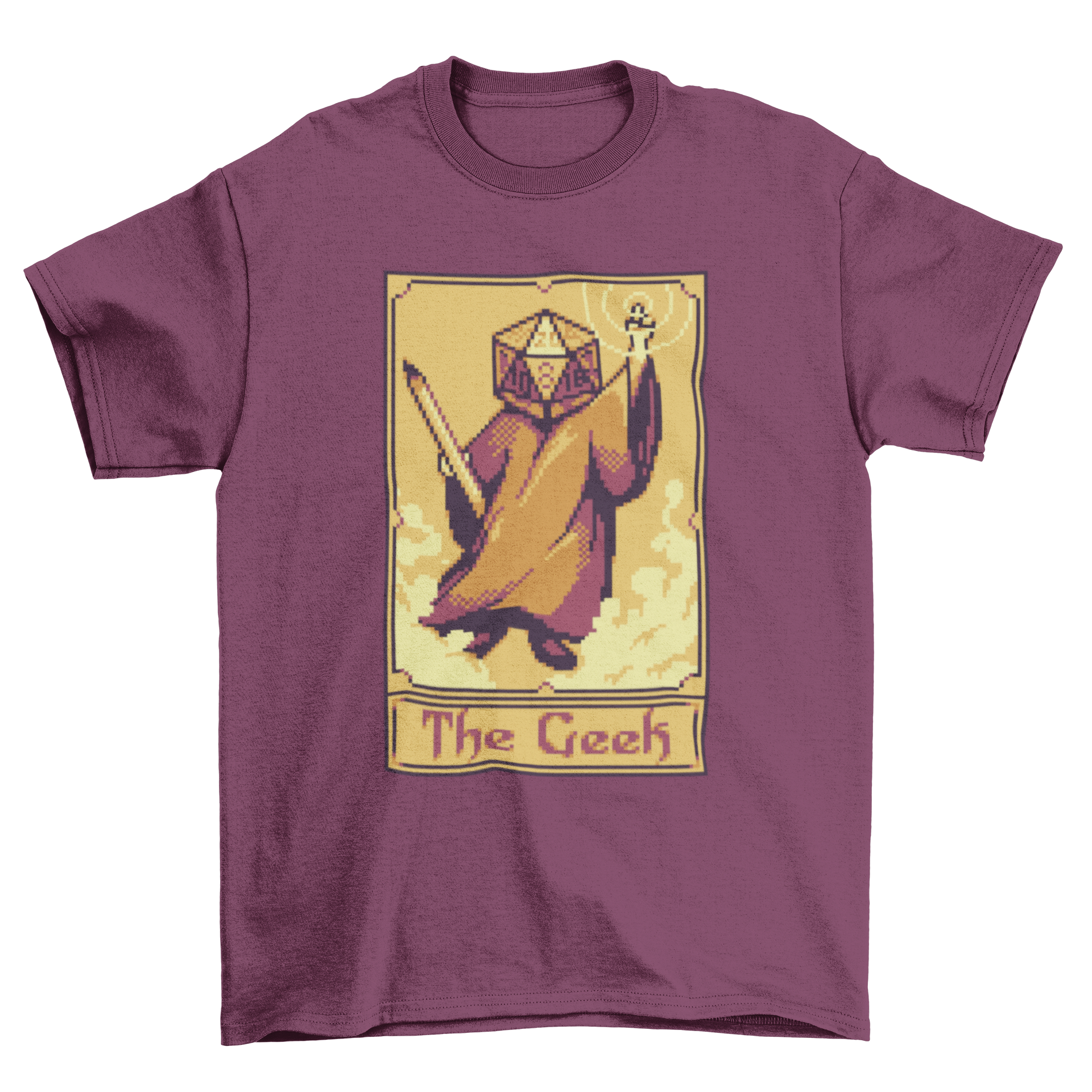 Pixel art t-shirt featuring a tarot card design with a character having a role-playing dice for a head.