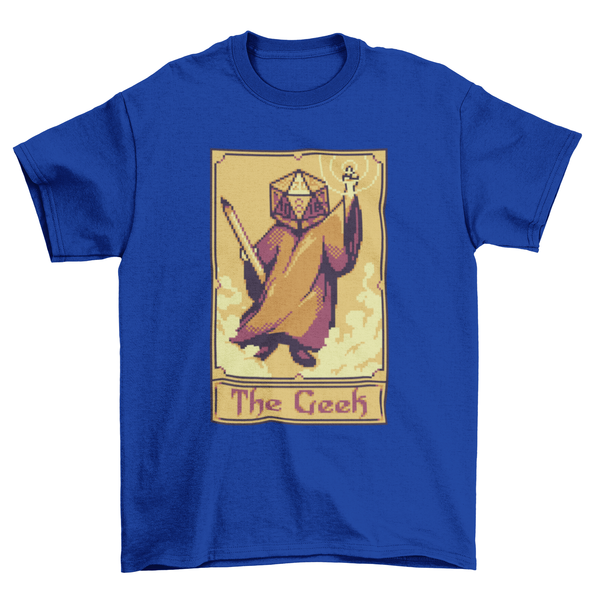 Pixel art t-shirt featuring a tarot card design with a character having a role-playing dice for a head.