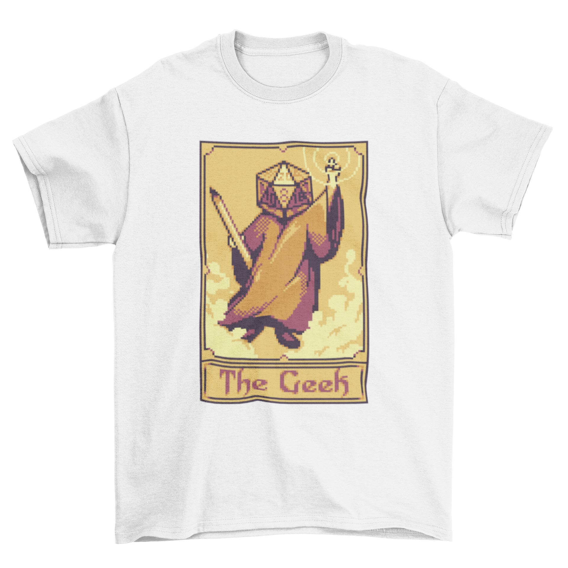 Pixel art t-shirt featuring a tarot card design with a character having a role-playing dice for a head.