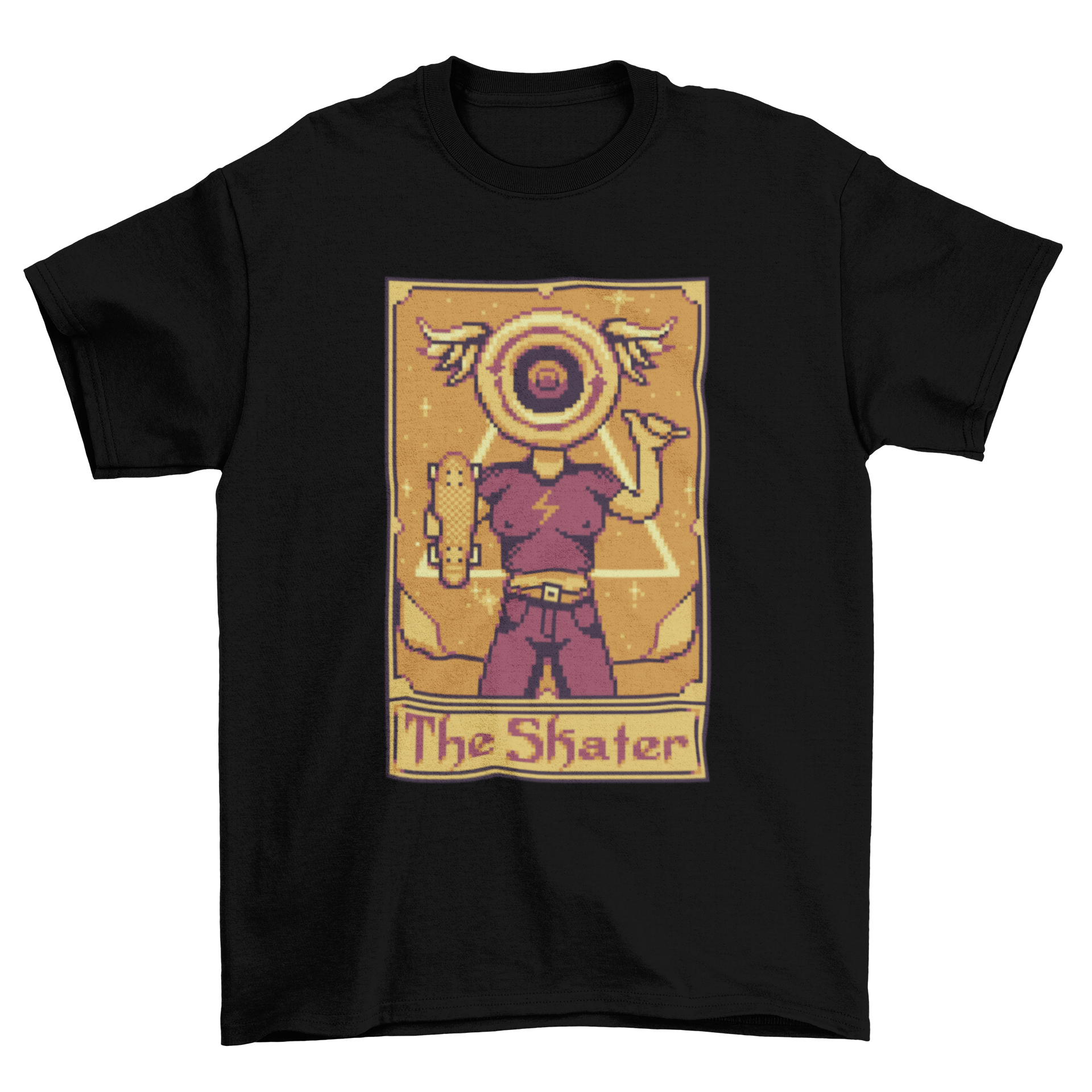 Pixel art t-shirt featuring a tarot card design with a skateboarder, showcasing vibrant colors and intricate details.